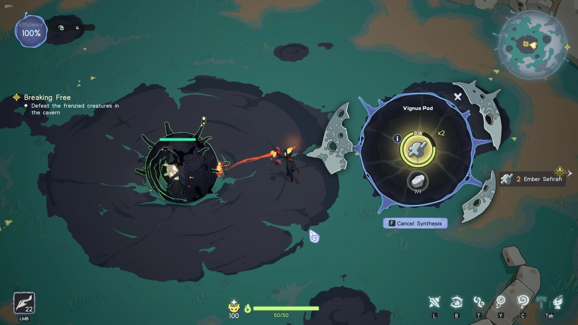 Vignus: Player channels a flame beam into a Vignus Pod synthesis wheel on a swampy clearing map.