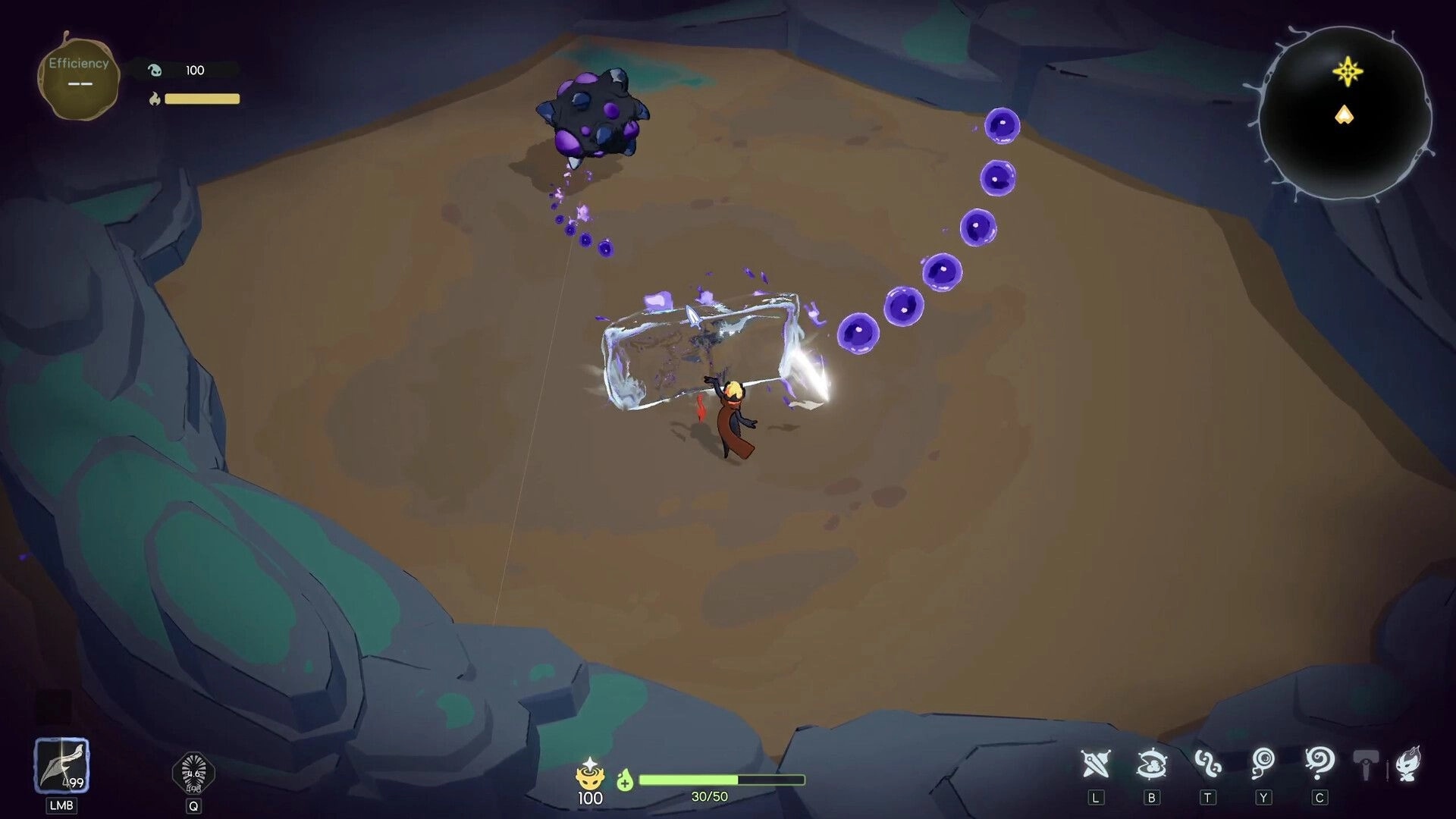 Vignus: Player casts a shielded strike at a spiked beast in a rocky arena with HUD and minimap.