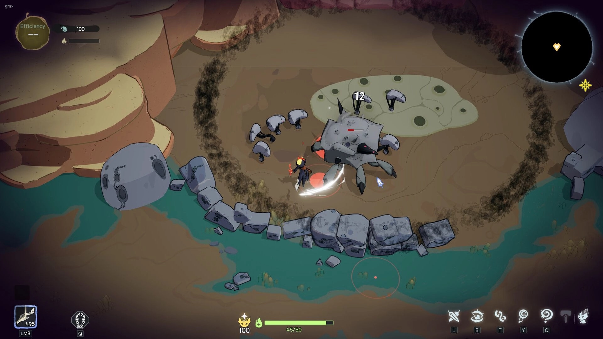 Vignus: Player slashes a crab-like monster amid mushrooms by rocky river, with minimap and HP UI.