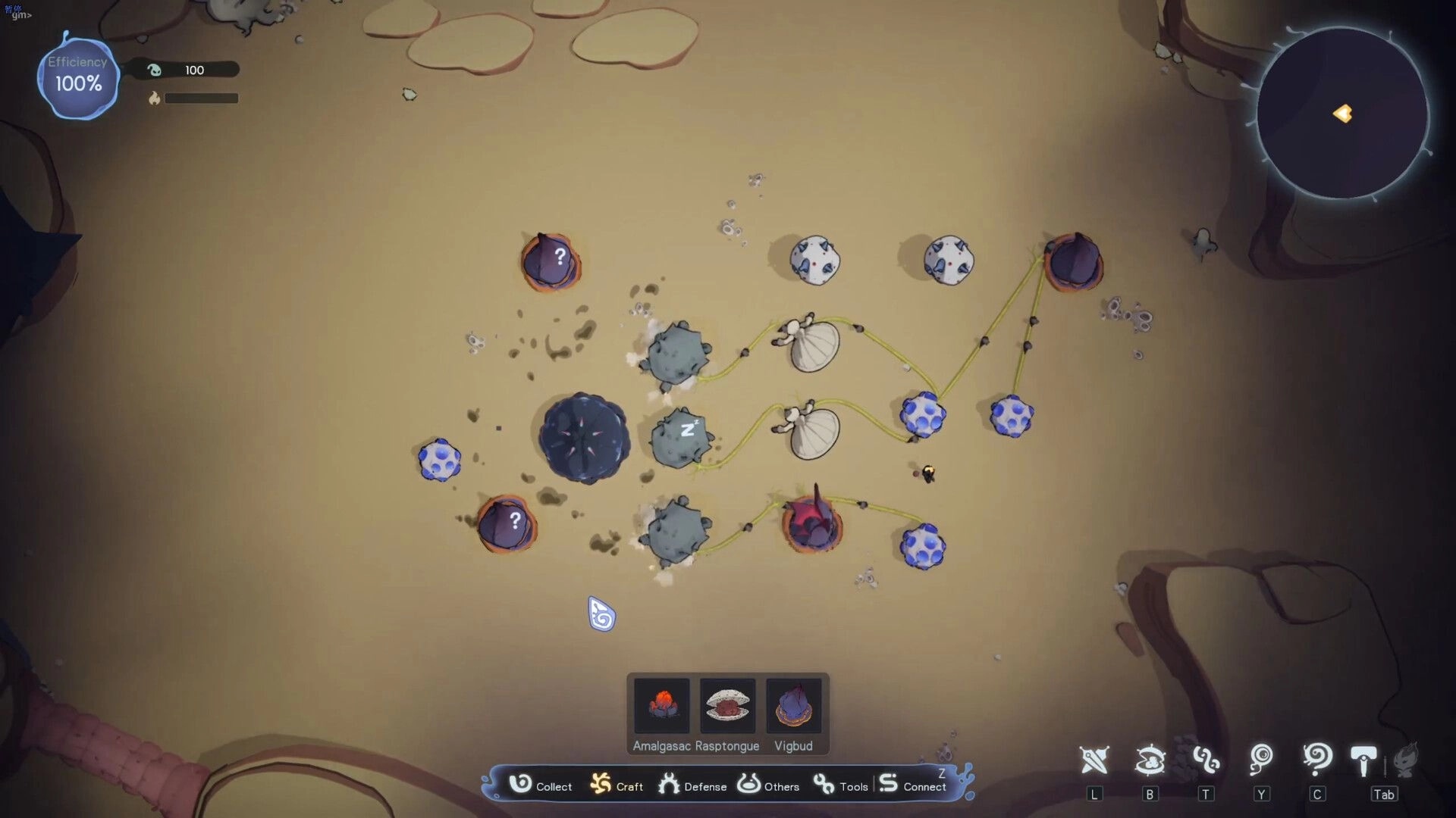 Vignus: Automation chain links creatures to nodes on sandy terrain with efficiency and minimap UI.