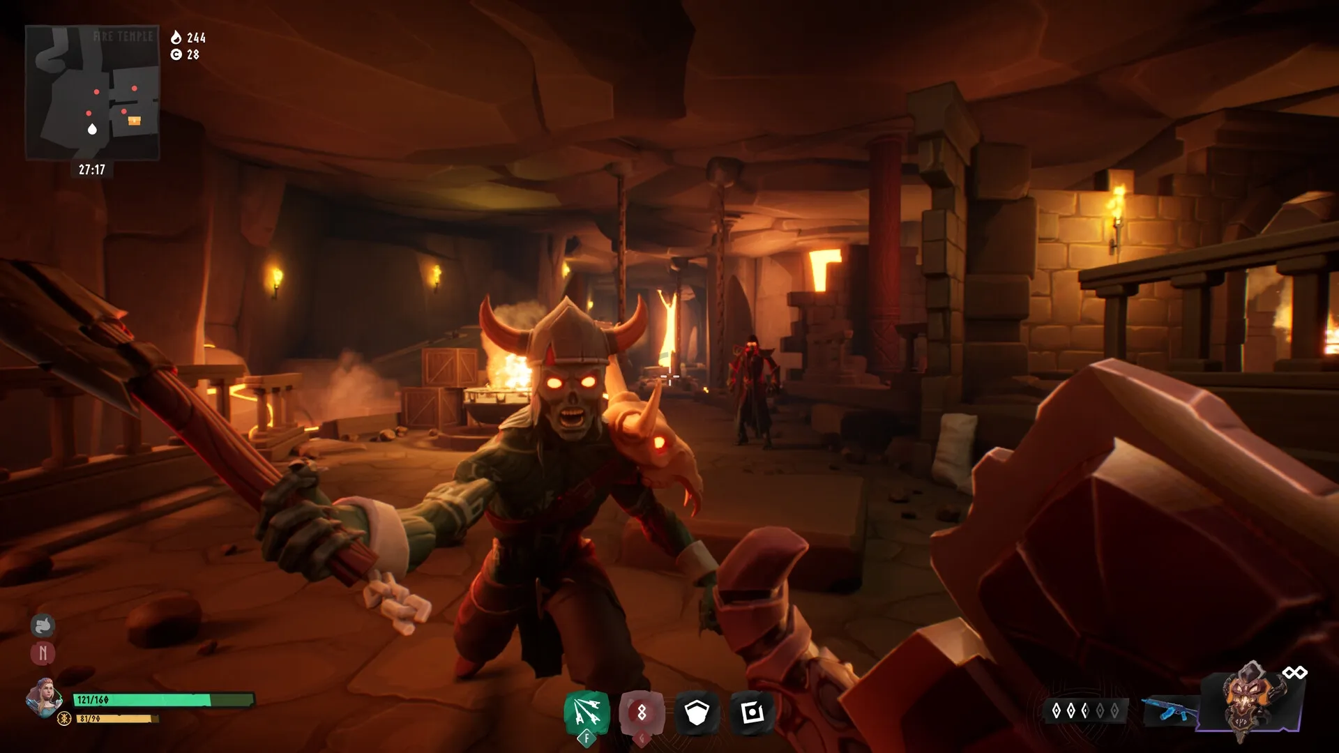 Vilde: First-person combat with horned enemy in dimly lit cavern, UI elements displaying health and skills.