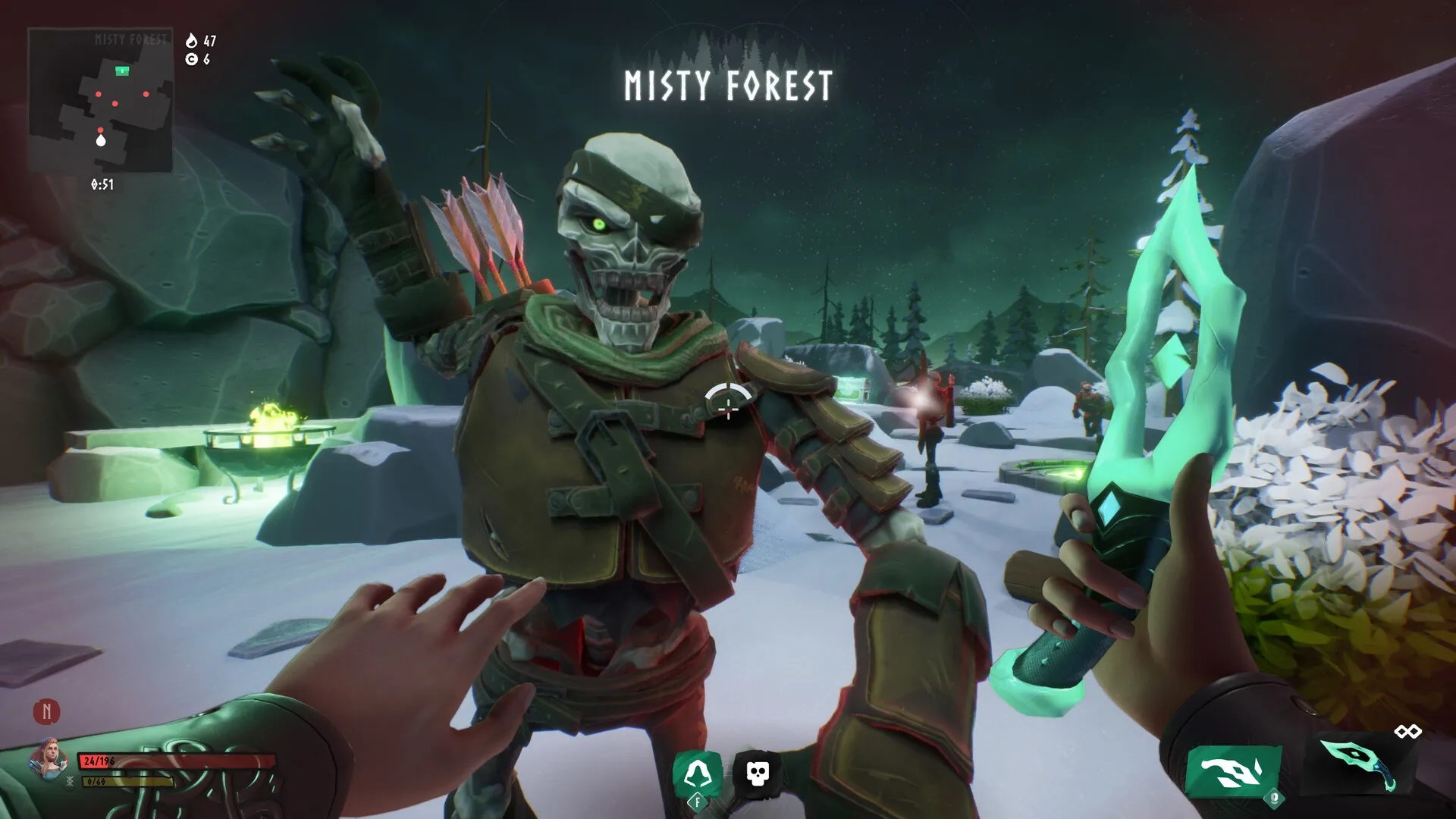 Vilde: First-person combat with skeletal warrior in snowy Misty Forest, UI shows health and map