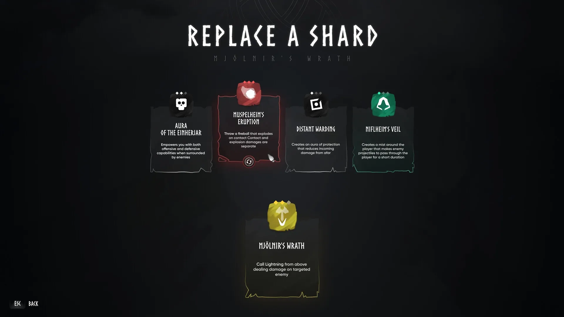 Vilde: Ability selection screen displaying five shards with unique effects and icons on a dark backdrop.