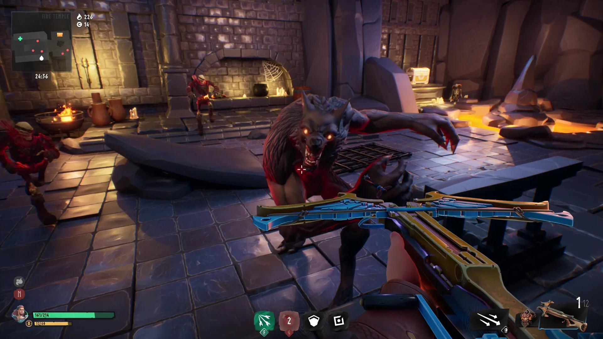 Vilde: Player aims crossbow at werewolf enemy in torch-lit dungeon, with health bar and mini-map visible.