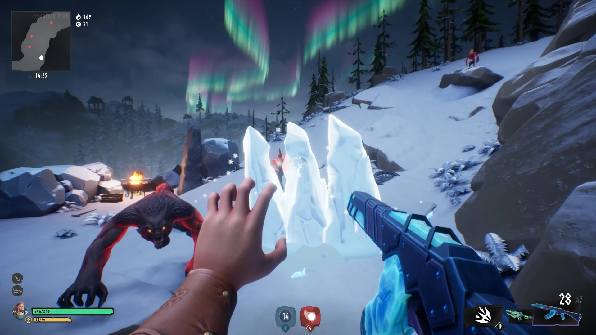 Vilde: Player uses ice magic against a charging werewolf in snowy mountain landscape under aurora borealis.