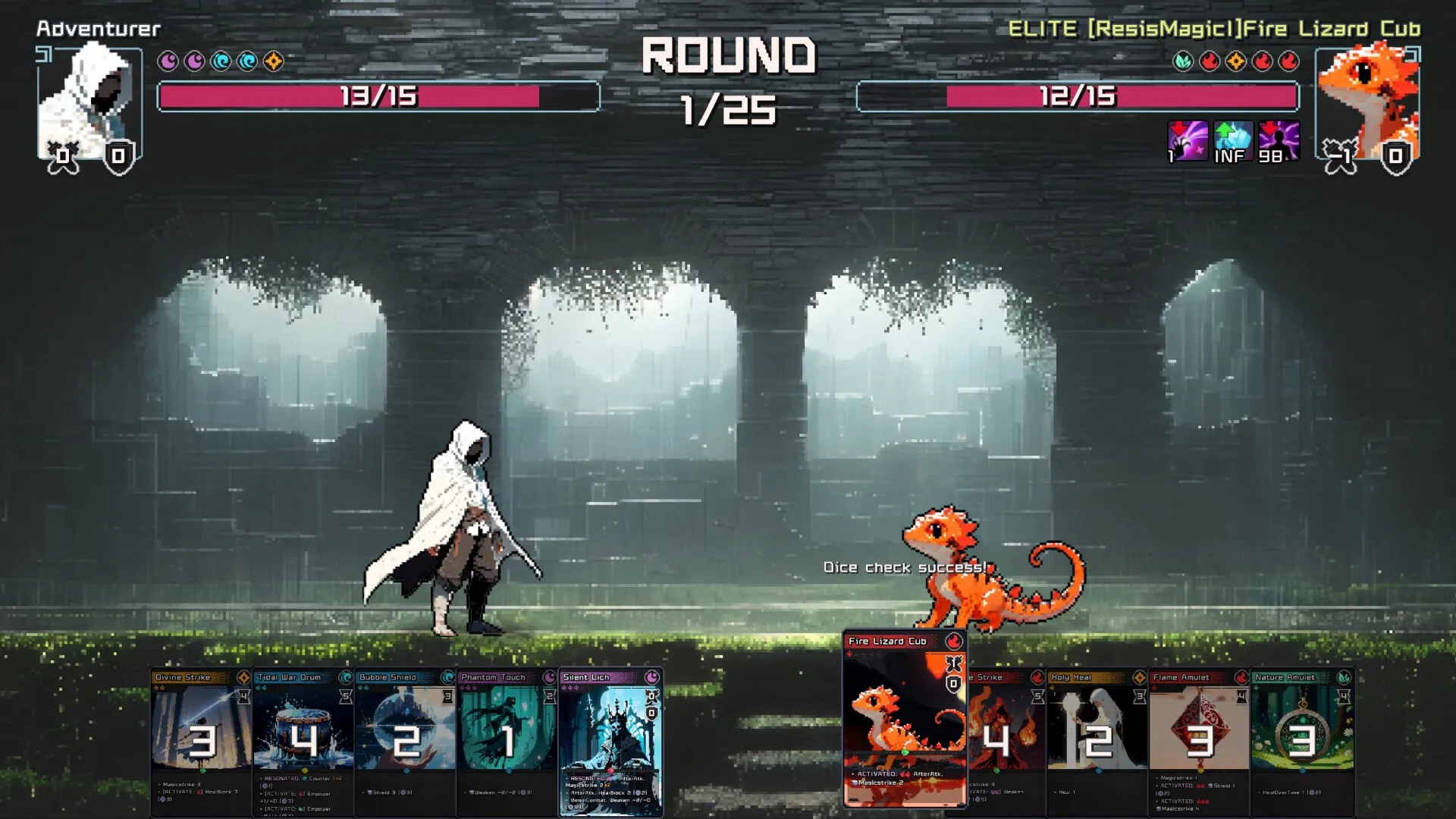 Villages & Dungeons: Turn-based combat with adventurer facing fire lizard in a dungeon setting