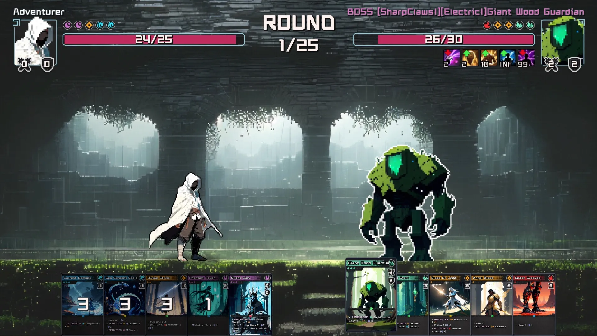 Villages & Dungeons: Hooded adventurer battles giant wood guardian in a dimly lit dungeon arena.