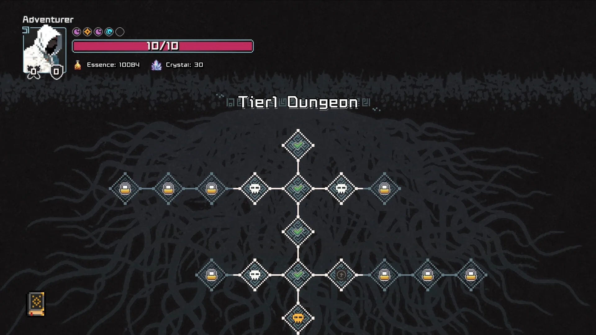 Villages & Dungeons: Tier 1 dungeon map with health bar, essence, and crystal stats in dark setting