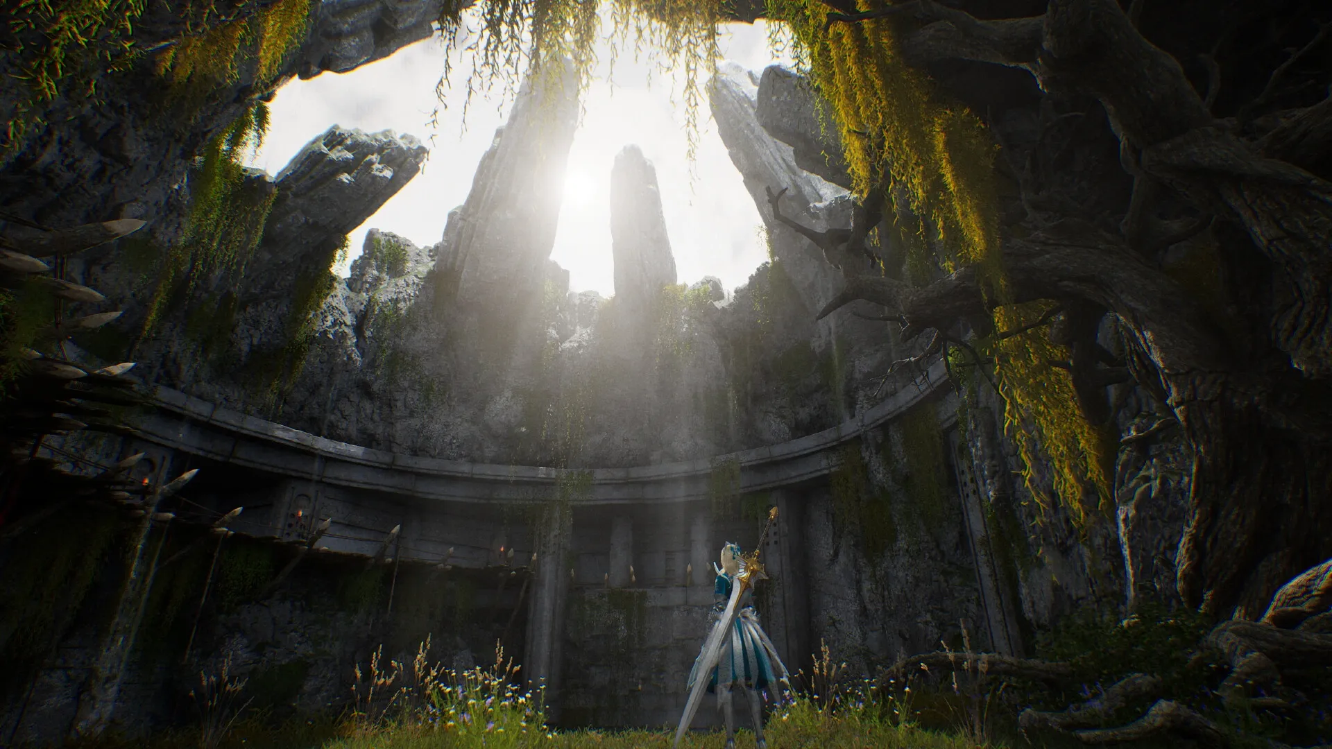 Vindictus: Character stands with sword in ancient, overgrown stone arena with sunlight streaming through.
