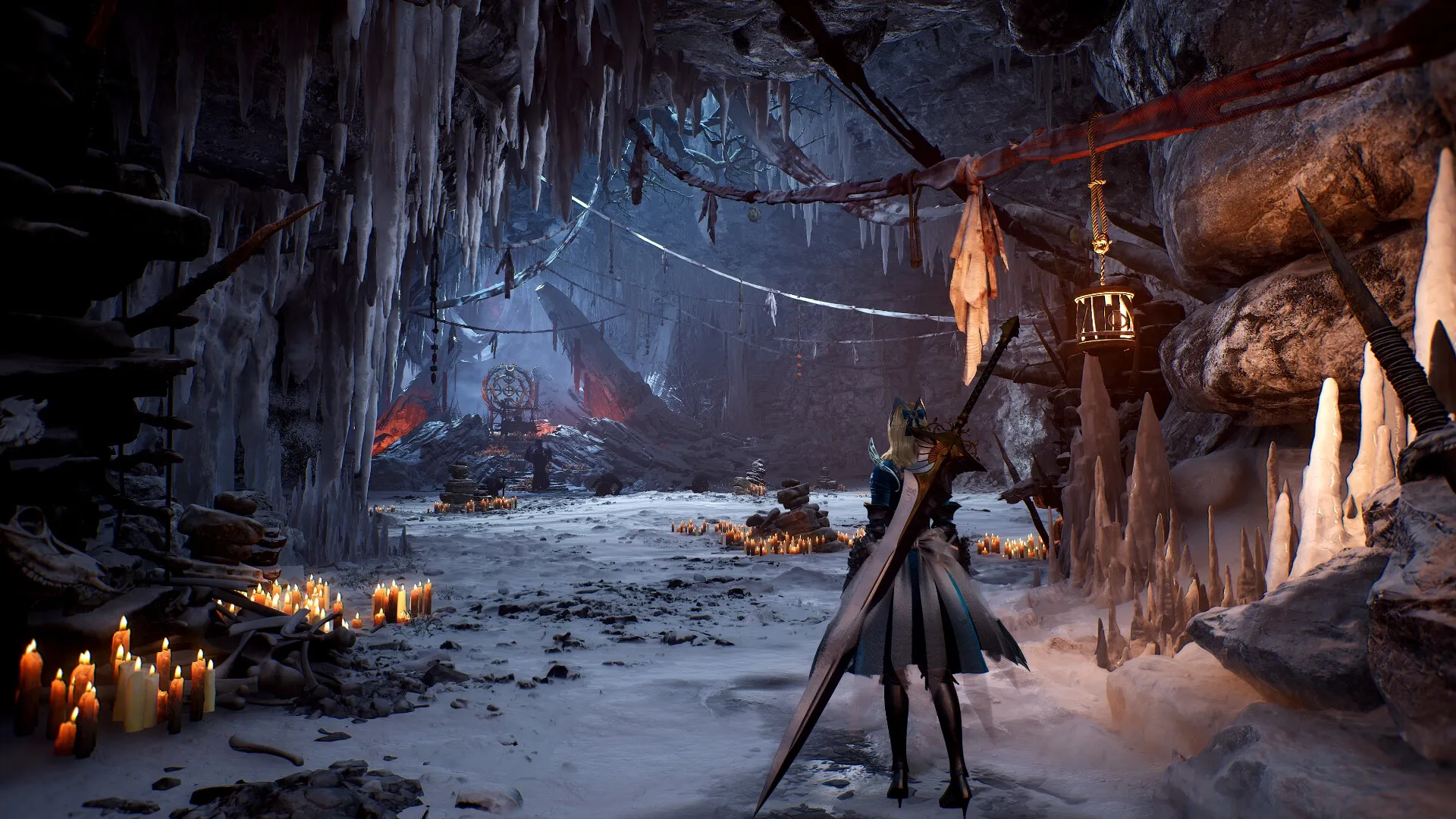 Vindictus: Warrior explores icy cavern with candles and icicles, preparing for battle in a mysterious lair.