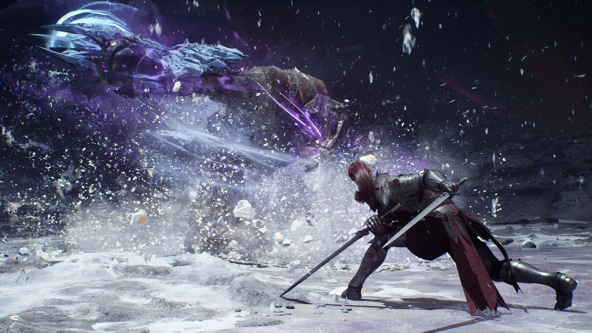 Vindictus: Warrior in armor dodges a massive, glowing beast's attack in a snowy, mystical battlefield