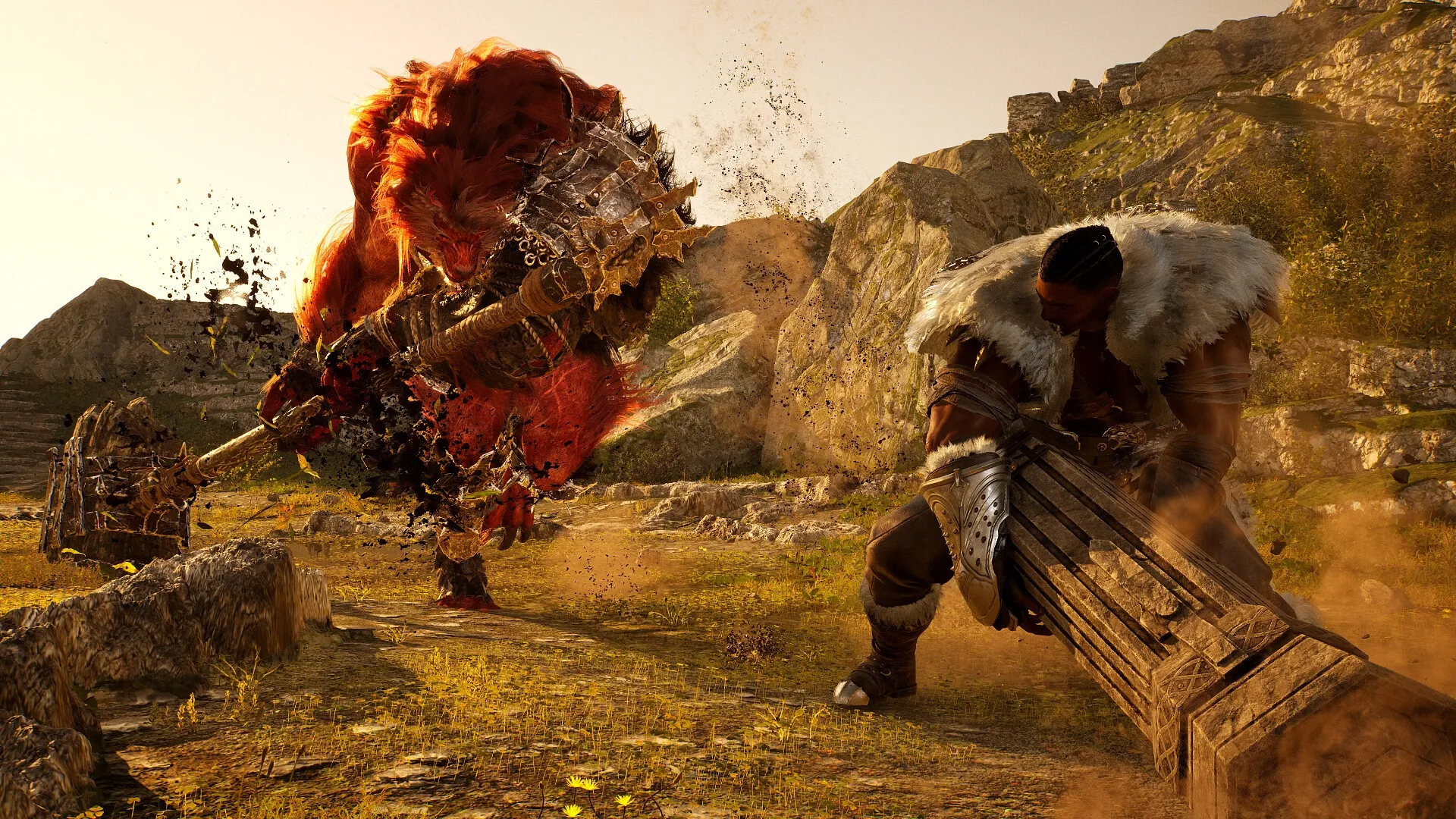 Vindictus: Intense battle between armored warrior and giant beast in a rocky, sunlit landscape.