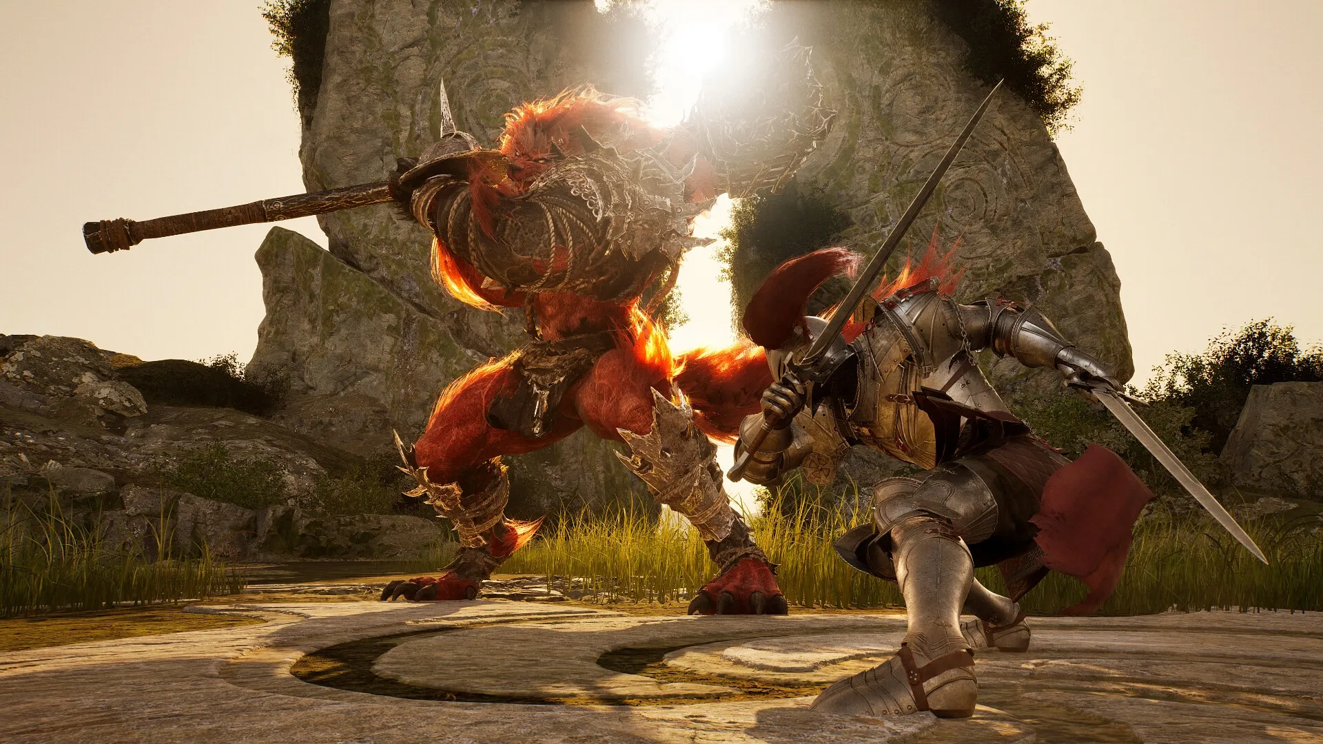 Vindictus: Intense melee combat between armored warrior and giant beast in ancient stone circle ruins