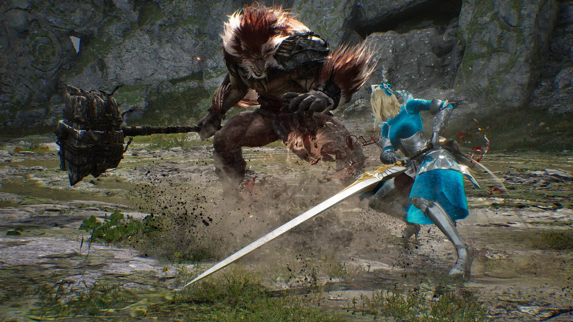 Vindictus: Hero in blue armor clashes with a giant beast wielding a massive hammer in a rocky arena.