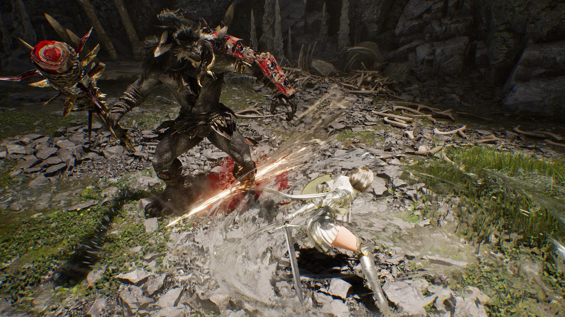 Vindictus: Intense combat with armored warrior battling a massive beast in a rocky, bone-littered arena