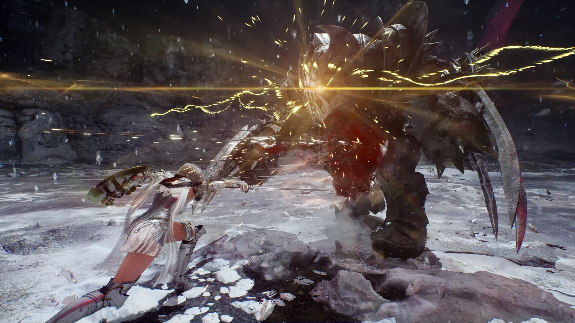 Vindictus: Warrior battles a massive armored beast in a snowy cave, sparks flying from their clash