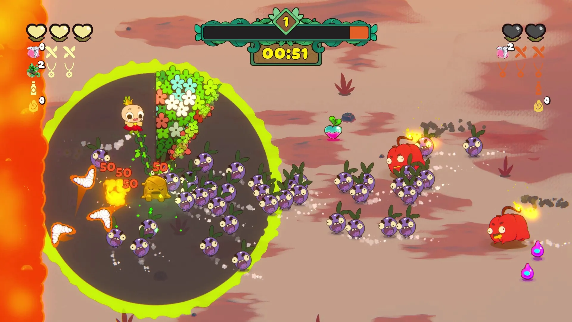 Vinebound: Character battling purple creatures with magical vine in desert, health and timer shown