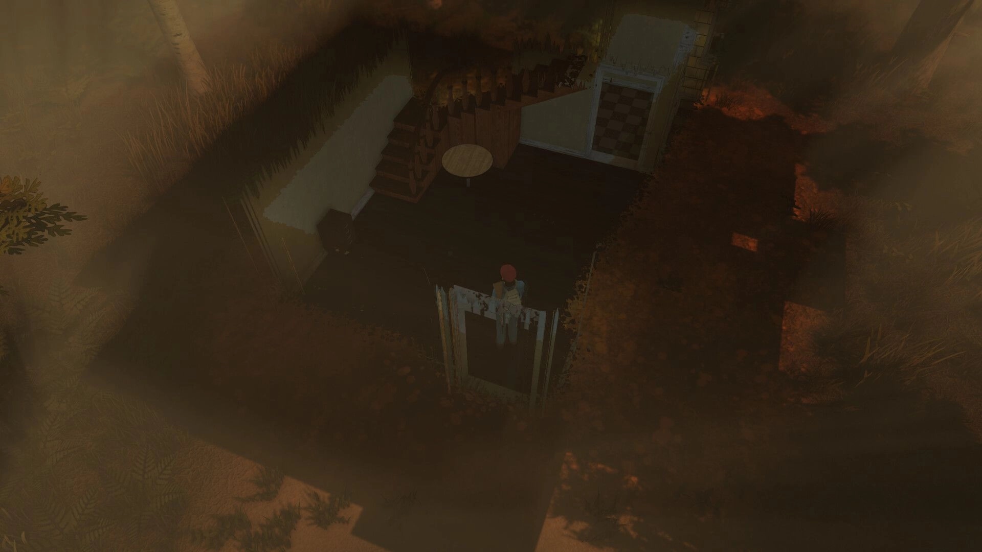 Violent Nature: Overhead view of player entering a ruined house with stairs and open doorway at dusk.