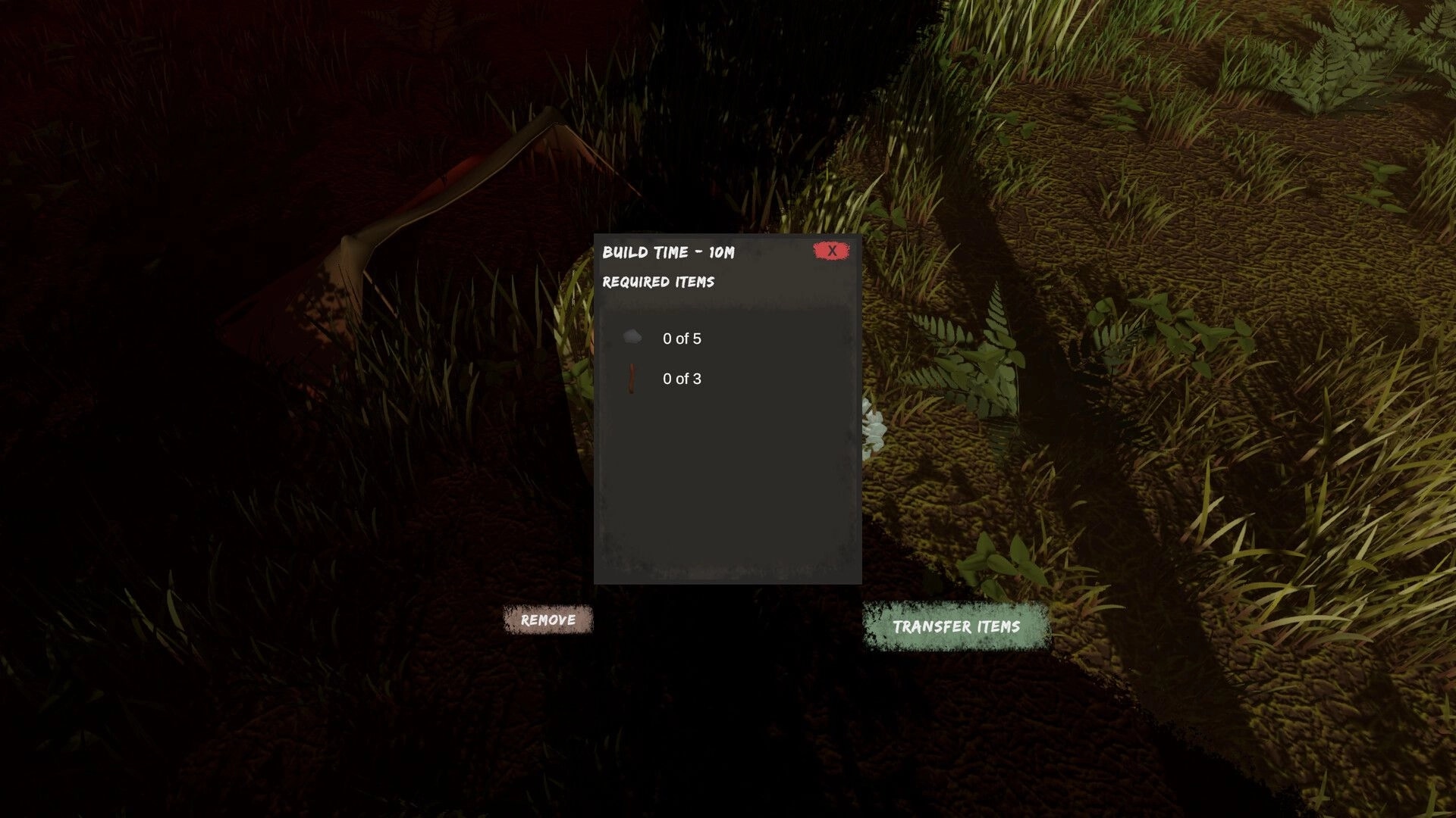 Violent Nature: Build menu listing required items 0/5 and 0/3 over grassy ground at night.