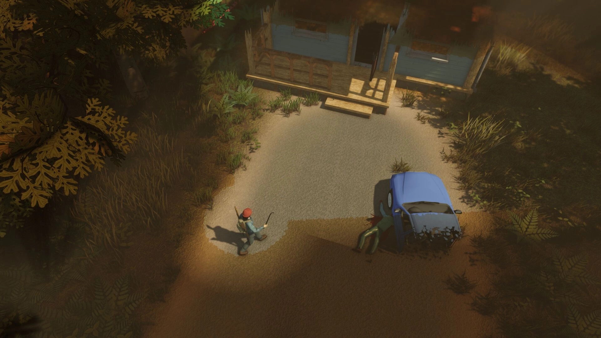 Violent Nature: Overhead view of survivor with crowbar near crashed blue car outside boarded house.