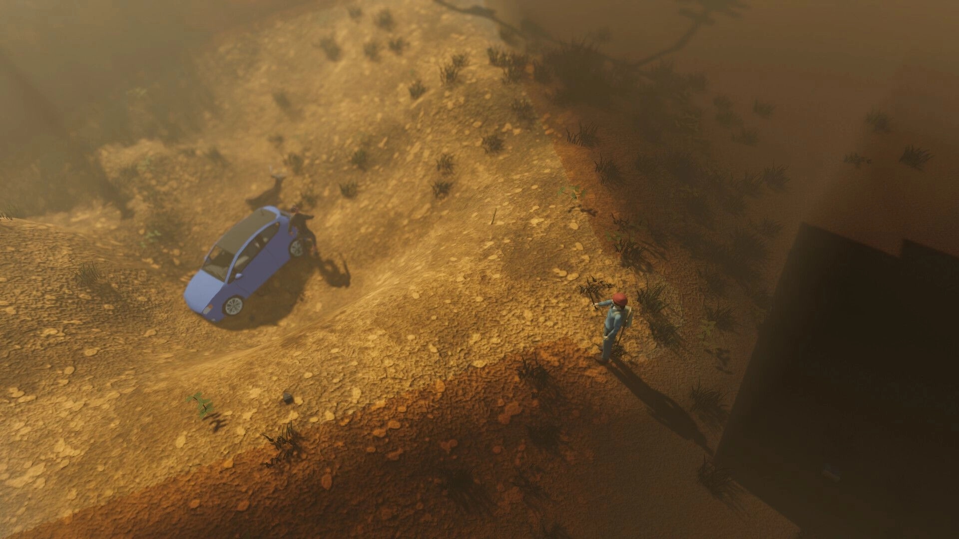 Violent Nature: Top-down survivor aiming a rifle at a crashed blue car on a dusty hillside road.