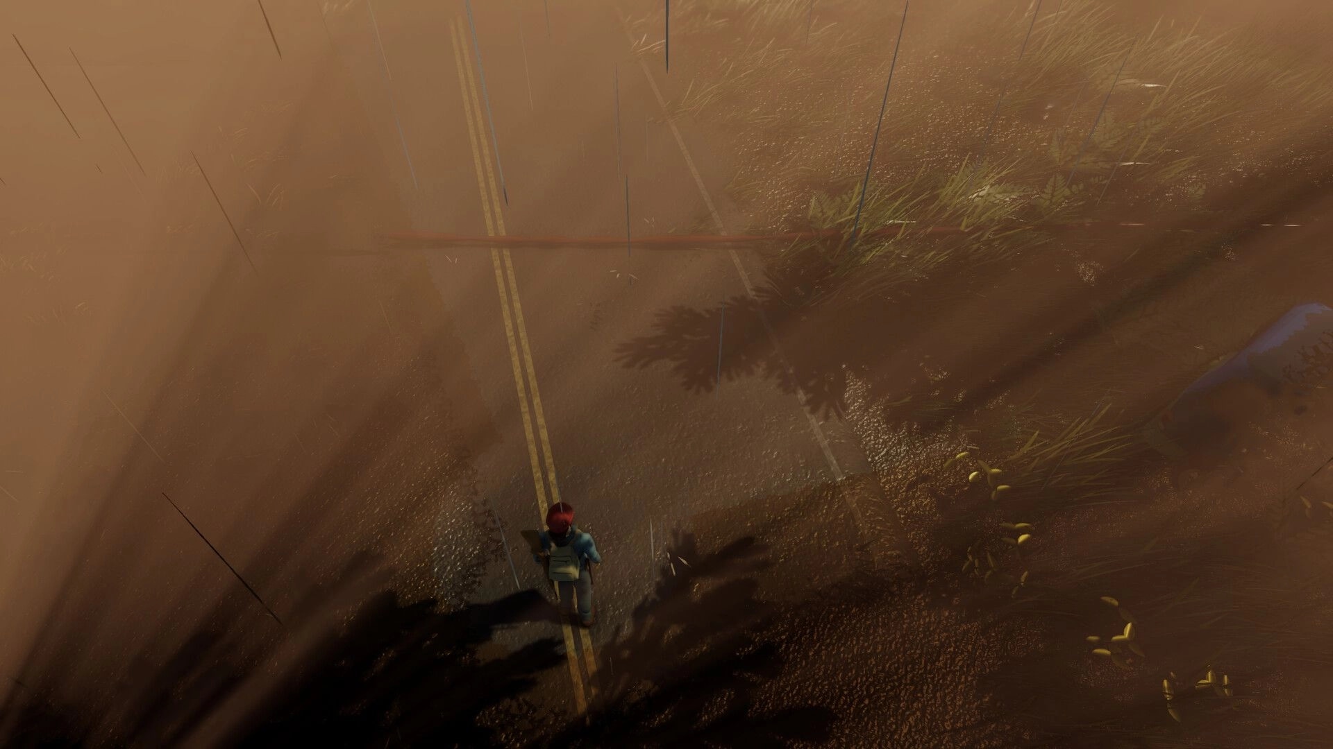 Violent Nature: Top-down view of survivor walking a rain-slick road through heavy brown fog and shadows.