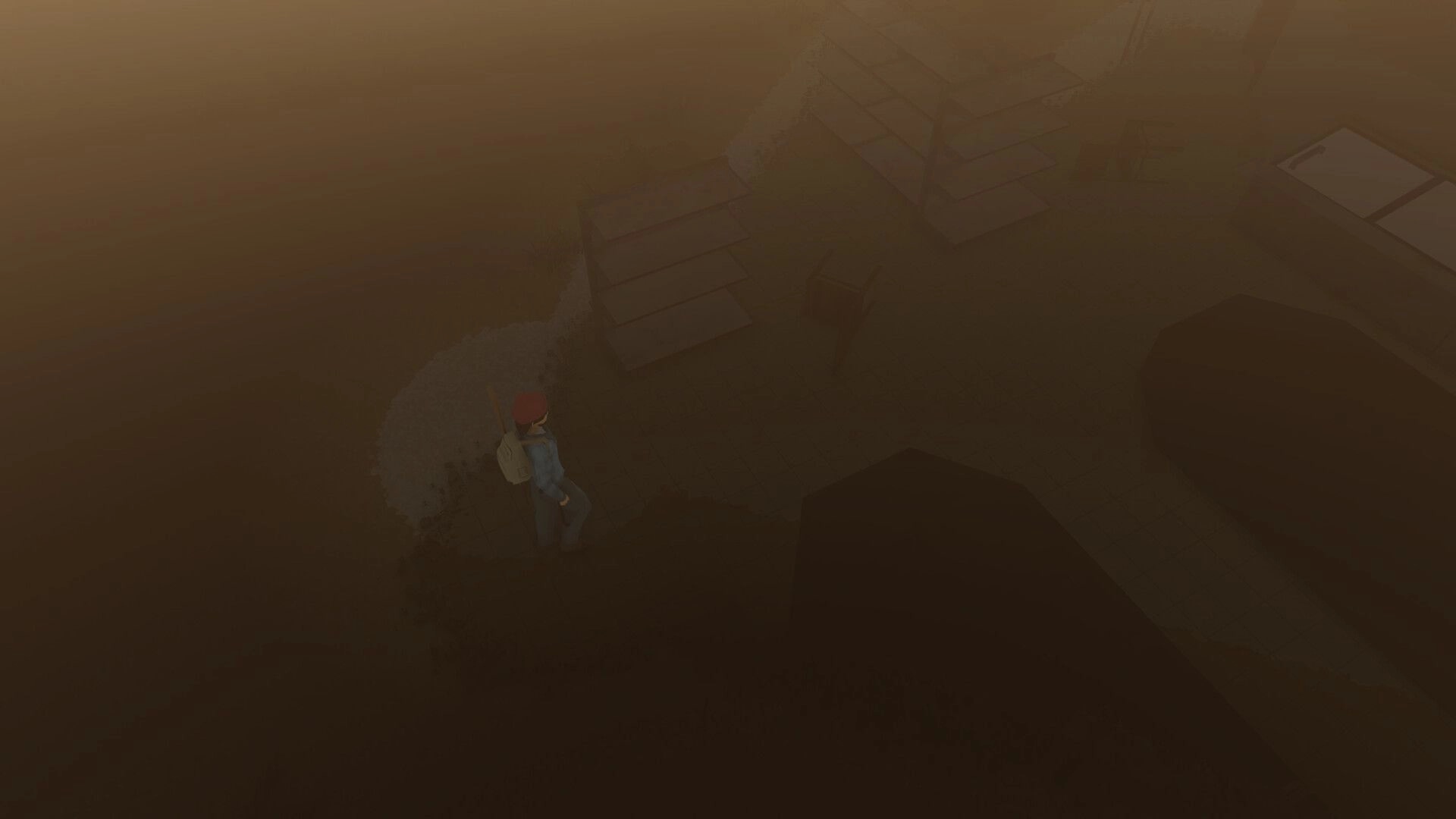 Violent Nature: Player character in red cap stands by foggy rooftop edges among boxy buildings.