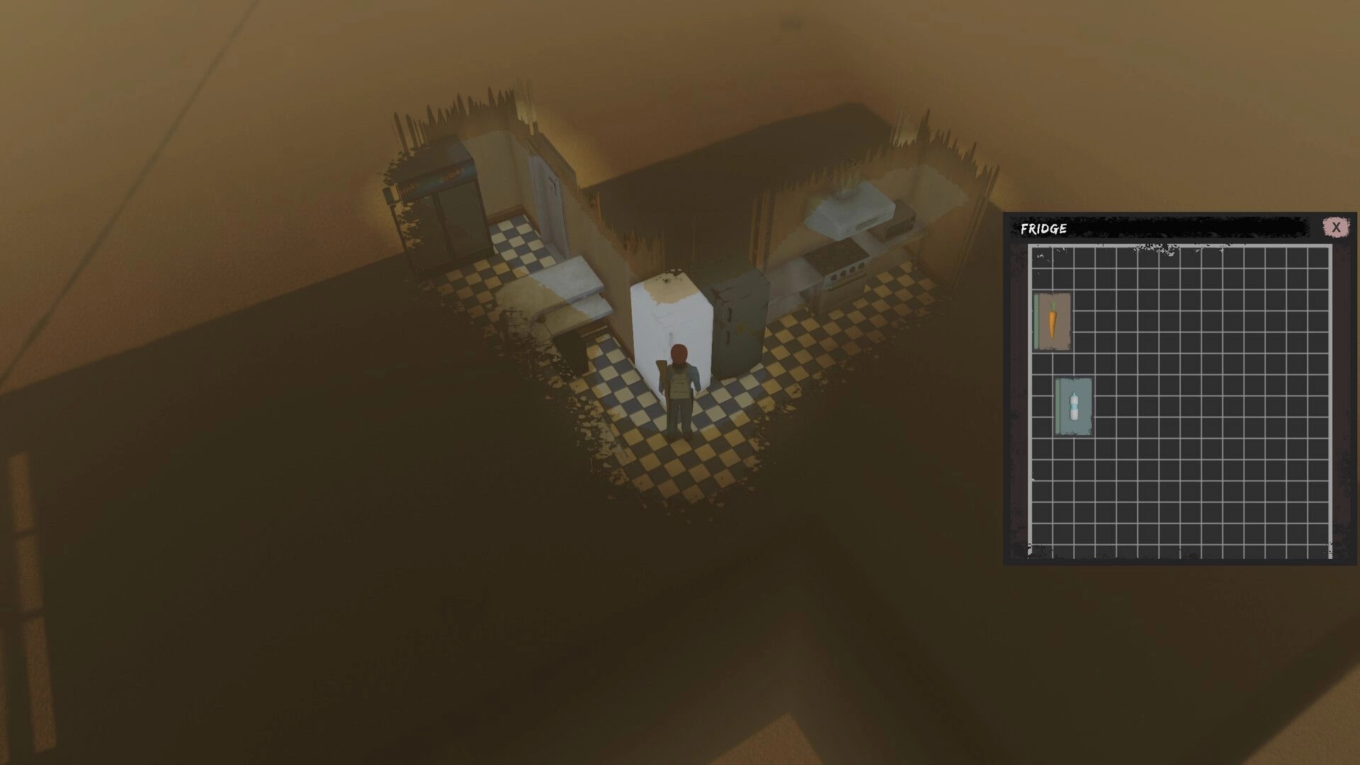 Violent Nature: Player loots a fridge inventory with carrot and water in a ruined kitchen room.