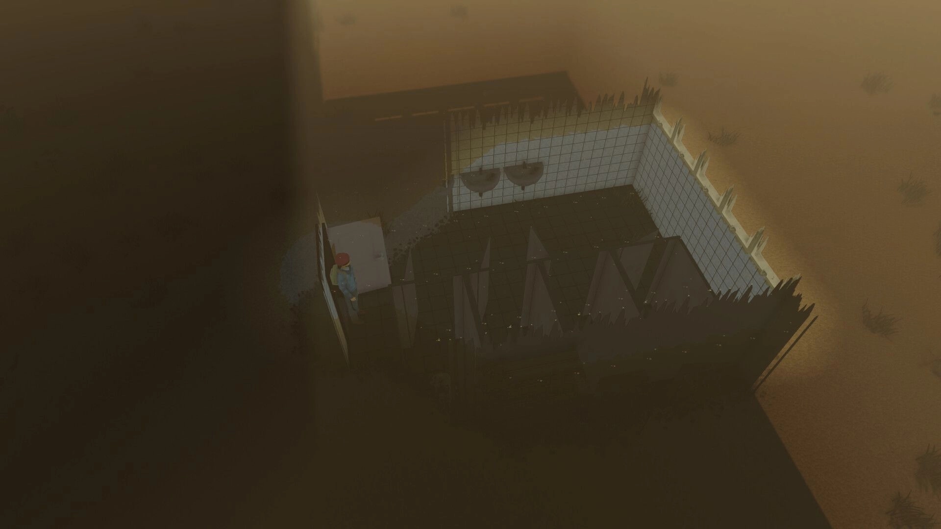 Violent Nature: Player stands by a door in a ruined tiled bathroom with sinks and stall dividers in fog.