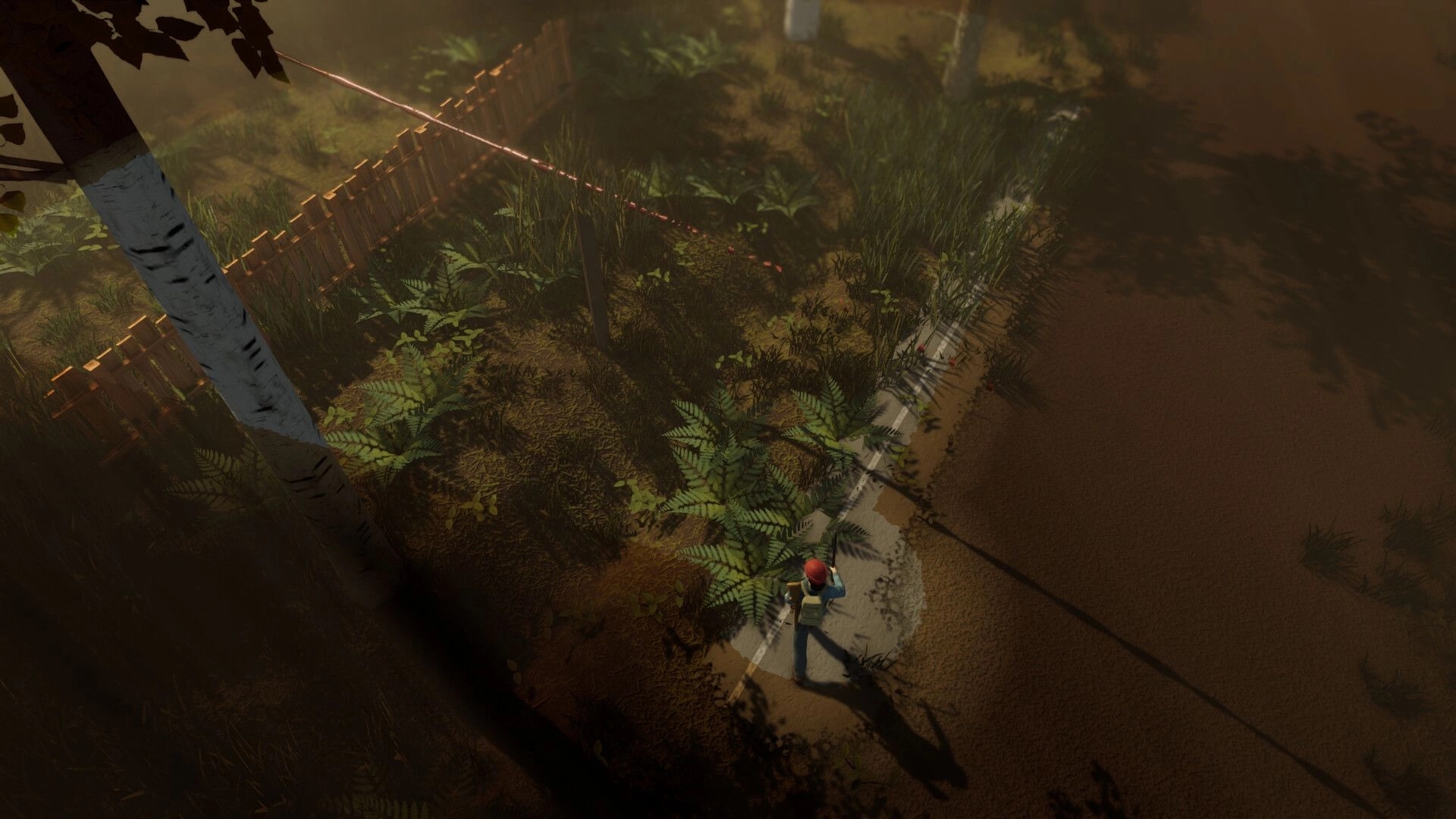 Violent Nature: Top-down player aiming a red laser sight near a fence and overgrown roadside path.