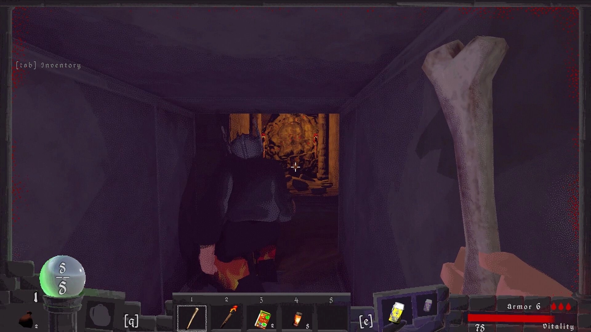 Vision Quench: First-person view holding a bone club in a cramped corridor with hotbar and crosshair HUD.