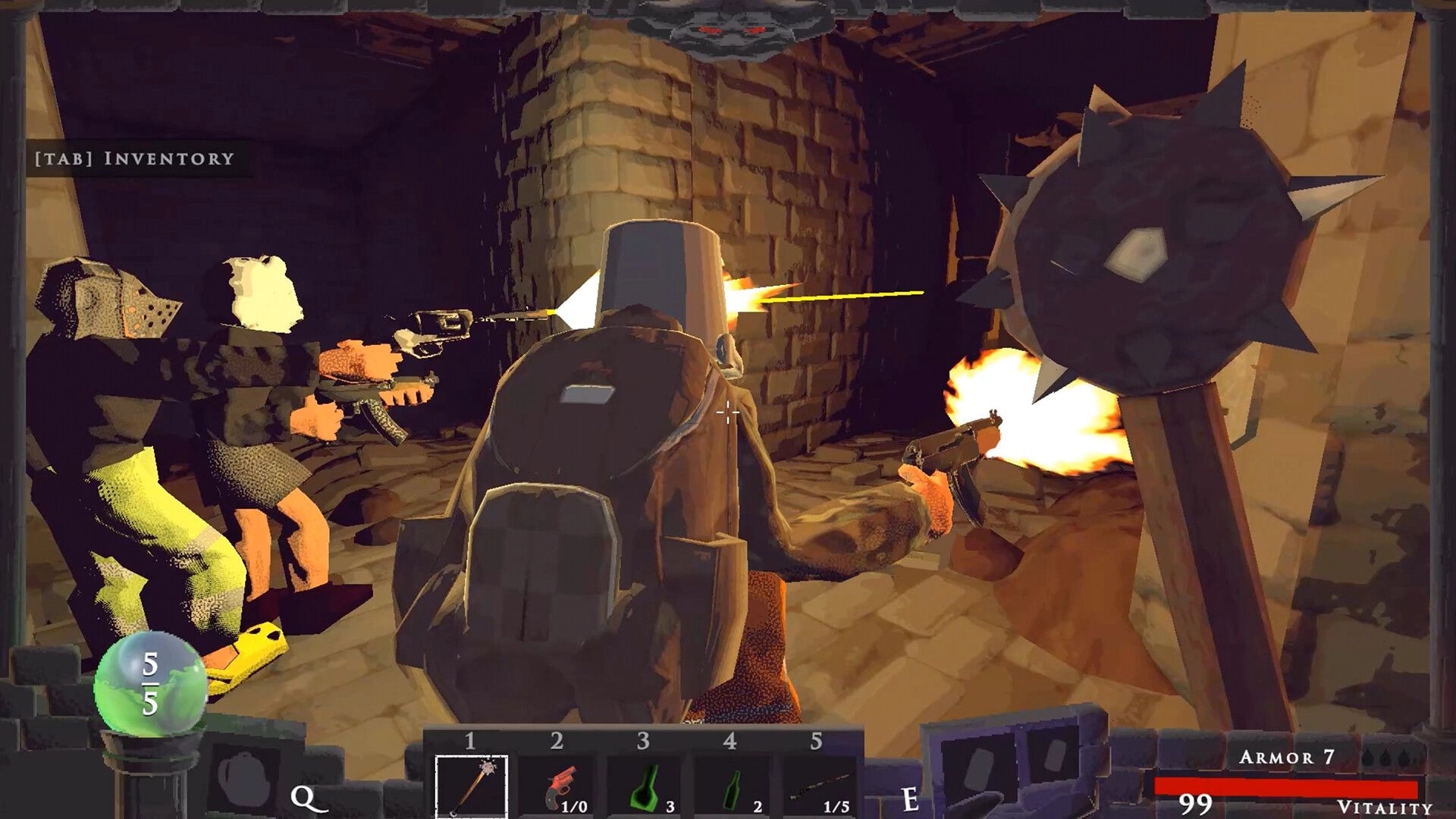 Vision Quench: First-person melee fight with armored foes in a torchlit stone corridor, hotbar UI visible.