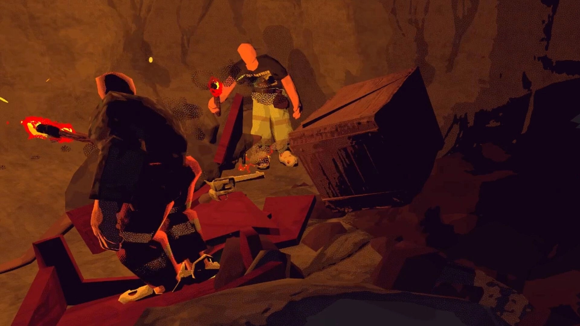 Vision Quench: Two co-op characters with glowing weapons face debris in a dim rocky cavern chamber.