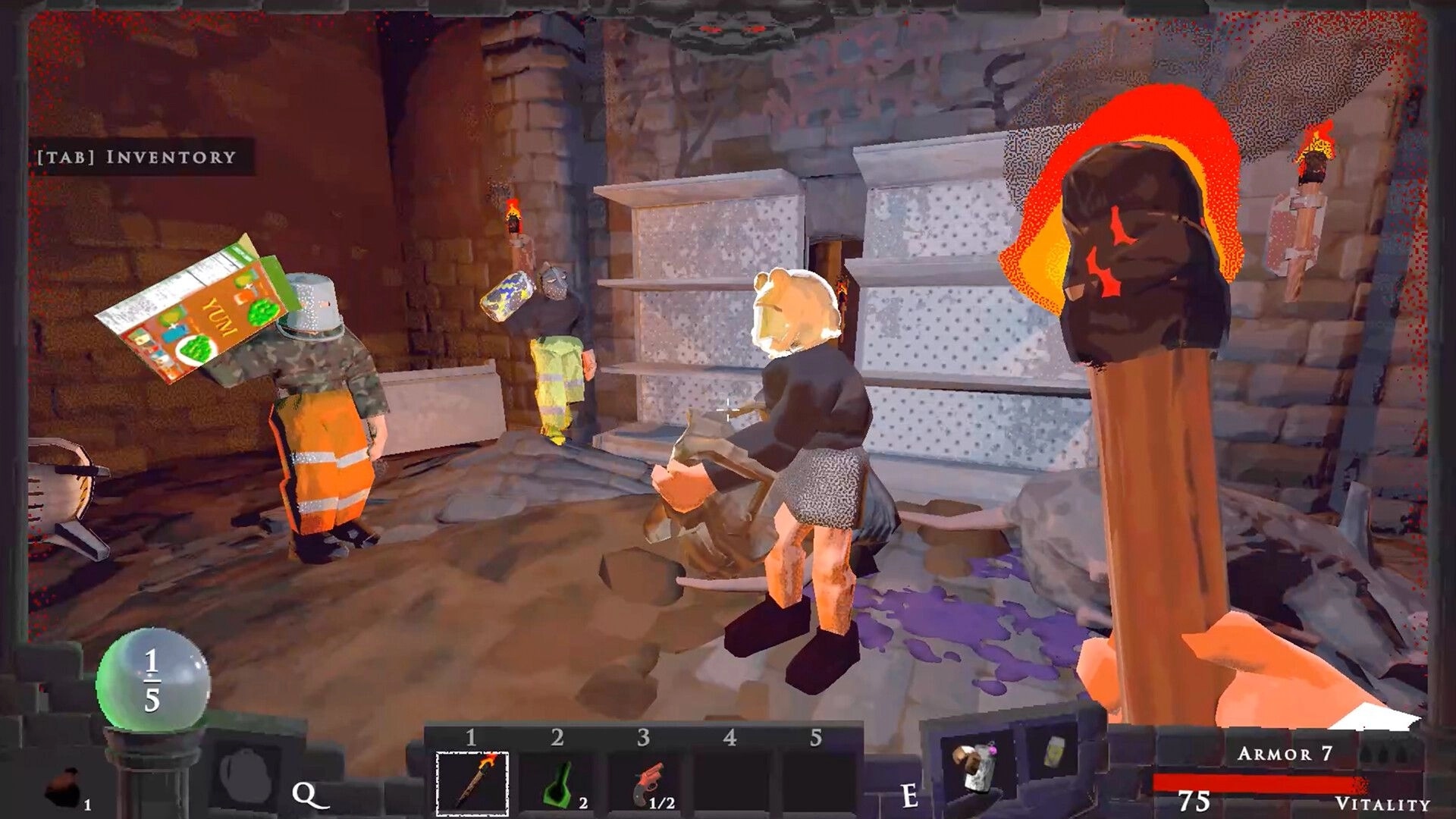 Vision Quench: First-person torch ready as allies loot crates in a dim stone storeroom dungeon.