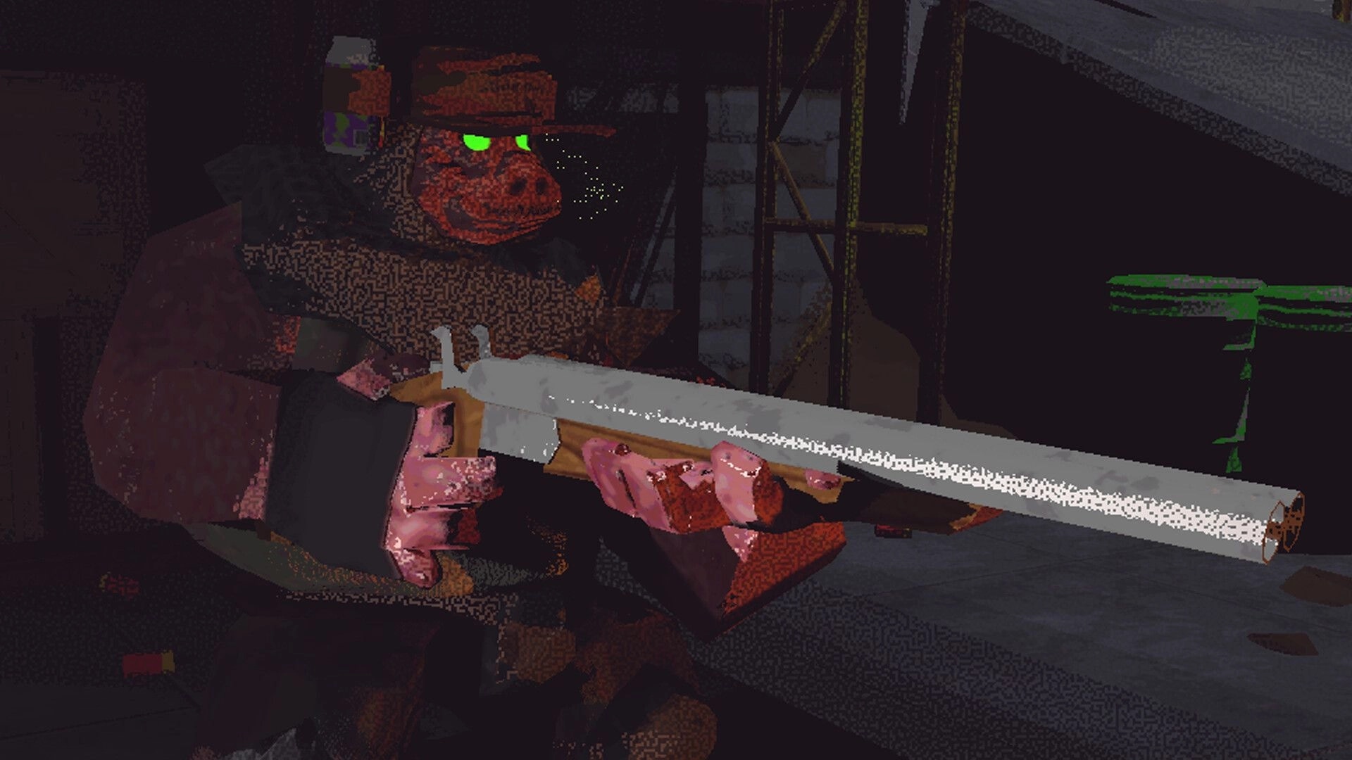 Vision Quench: Close-up of reptilian soldier aiming a shotgun in a dark industrial dungeon corridor.