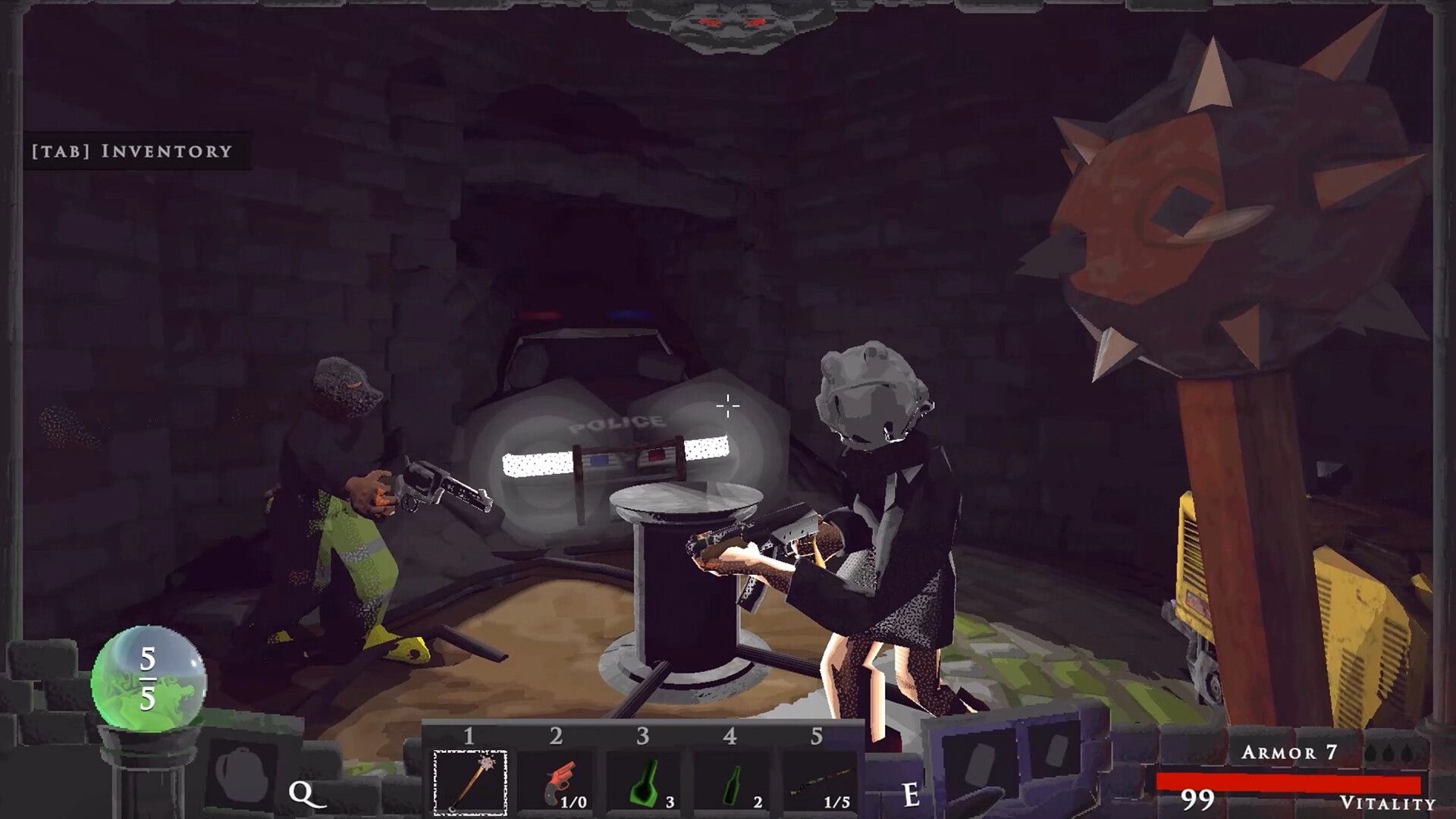 Vision Quench: Two masked players aim guns near a police car in stone tunnel, inventory UI visible.