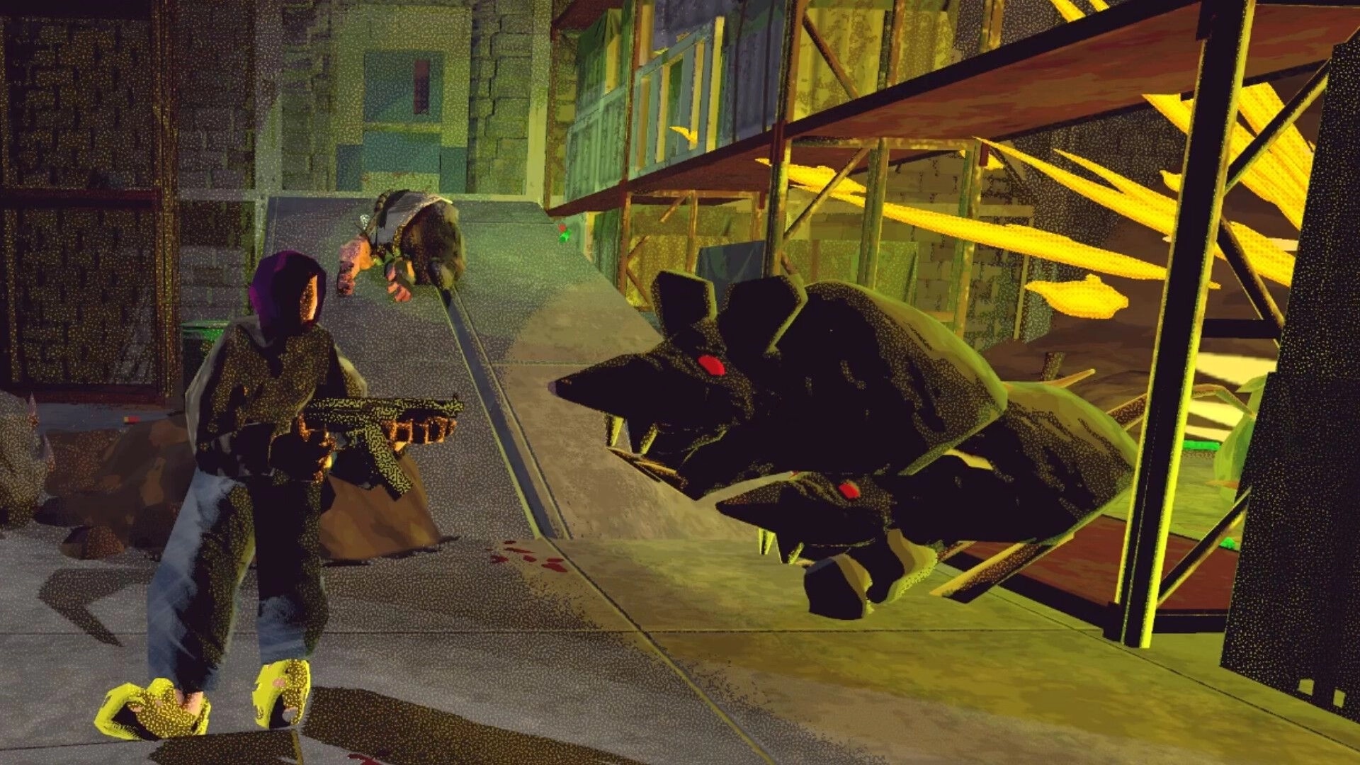 Vision Quench: Hooded gunman aims at huge rat beasts in a ruined warehouse corridor with scaffolding.