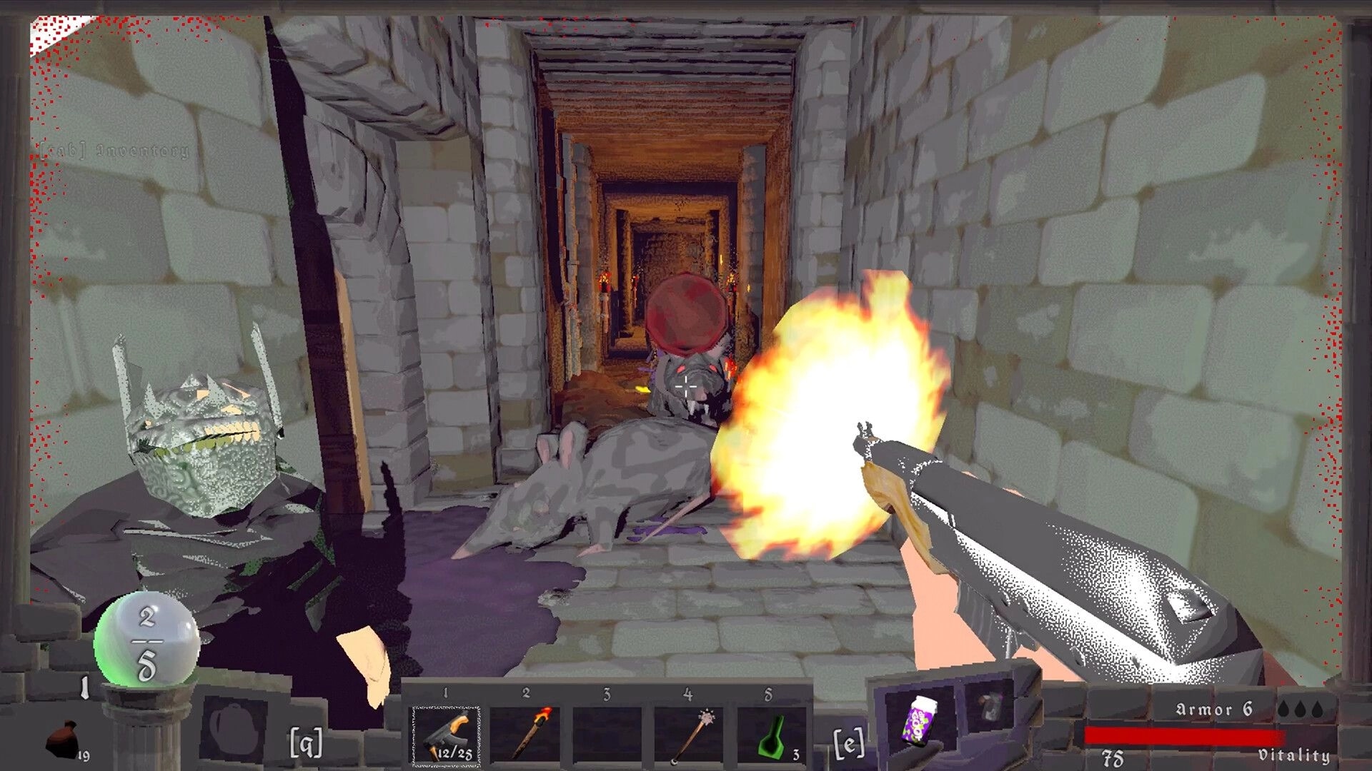 Vision Quench: First-person shotgun blast at giant rat in narrow stone corridor, hotbar UI visible.