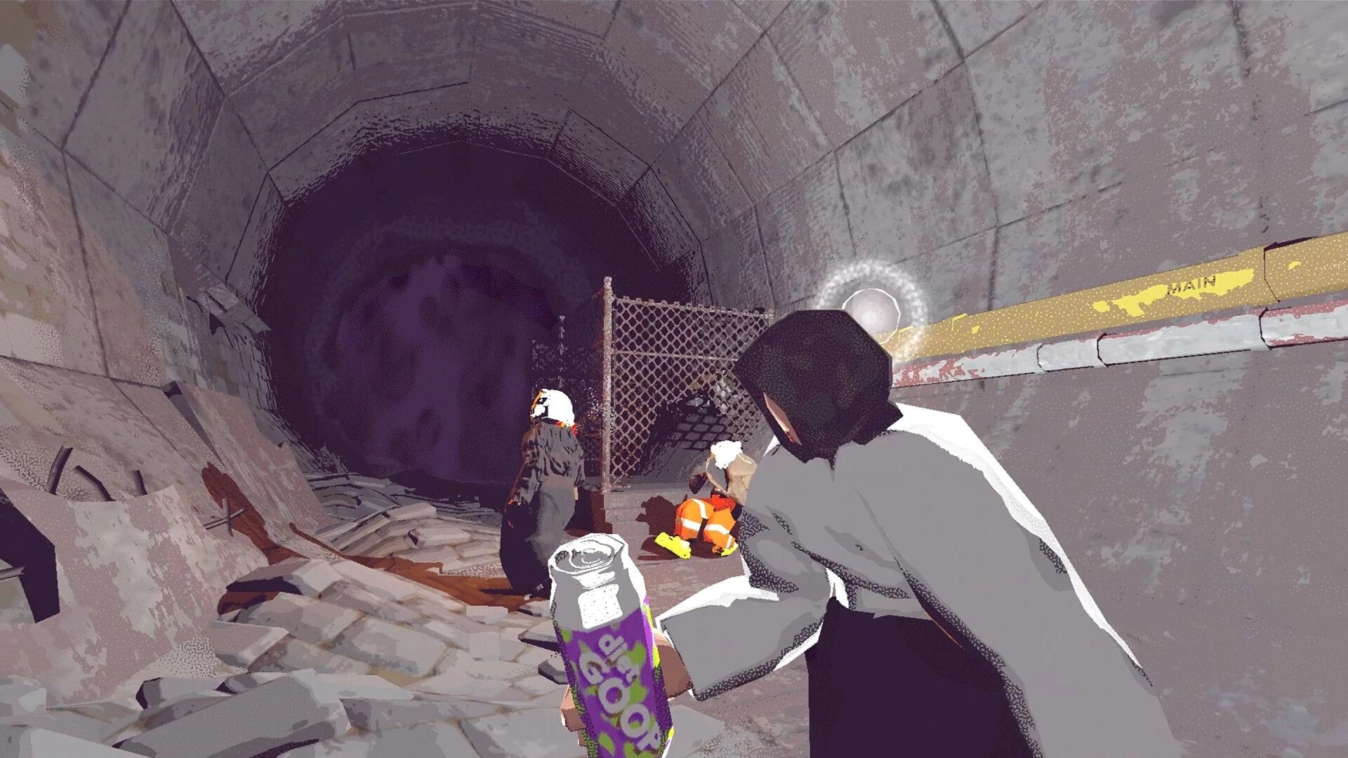 Vision Quench: First-person co-op exploring a cracked sewer tunnel with fence and dark portal ahead.