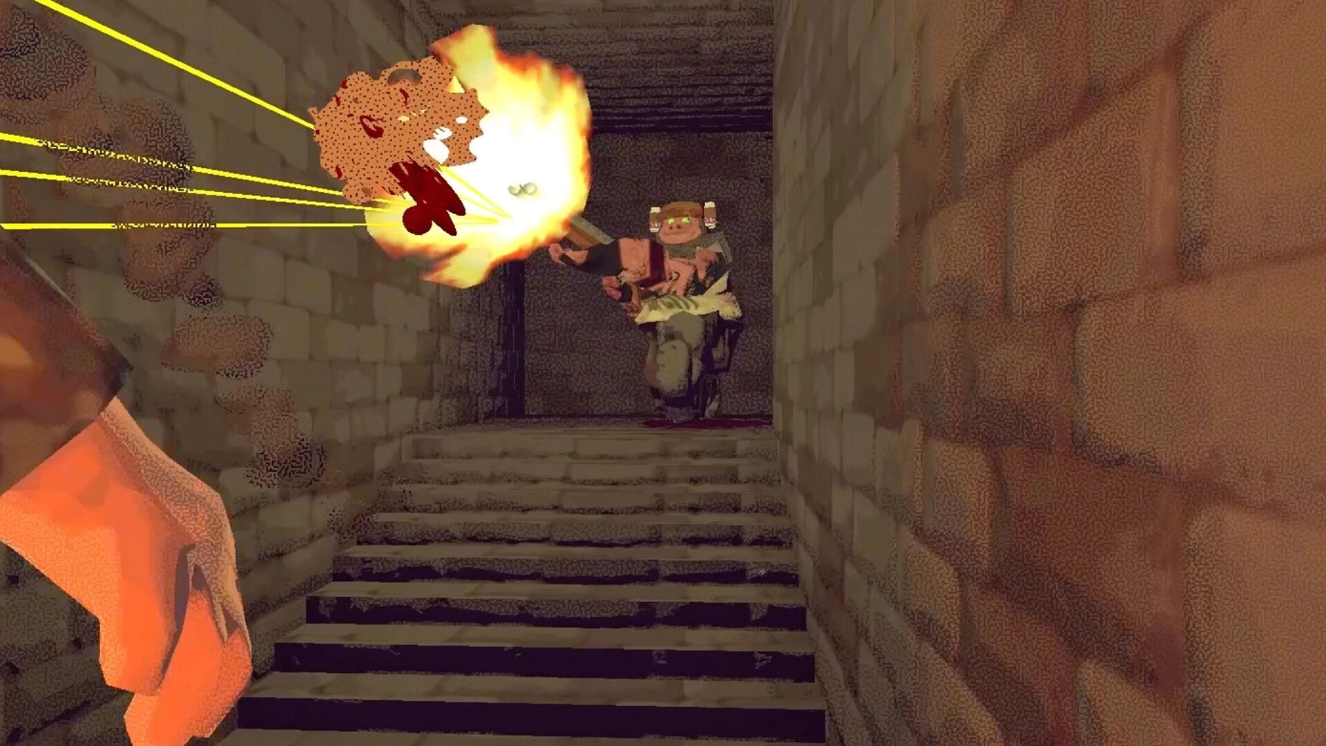 Vision Quench: First-person firefight with muzzle flash and tracer rounds in a narrow stone stairwell.