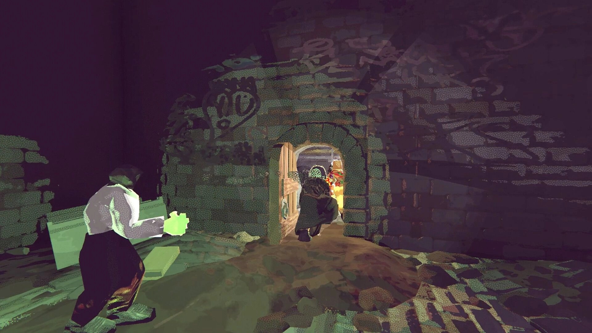 Vision Quench: Two co-op characters enter a lit stone doorway in a dark, graffiti-marked dungeon hall.