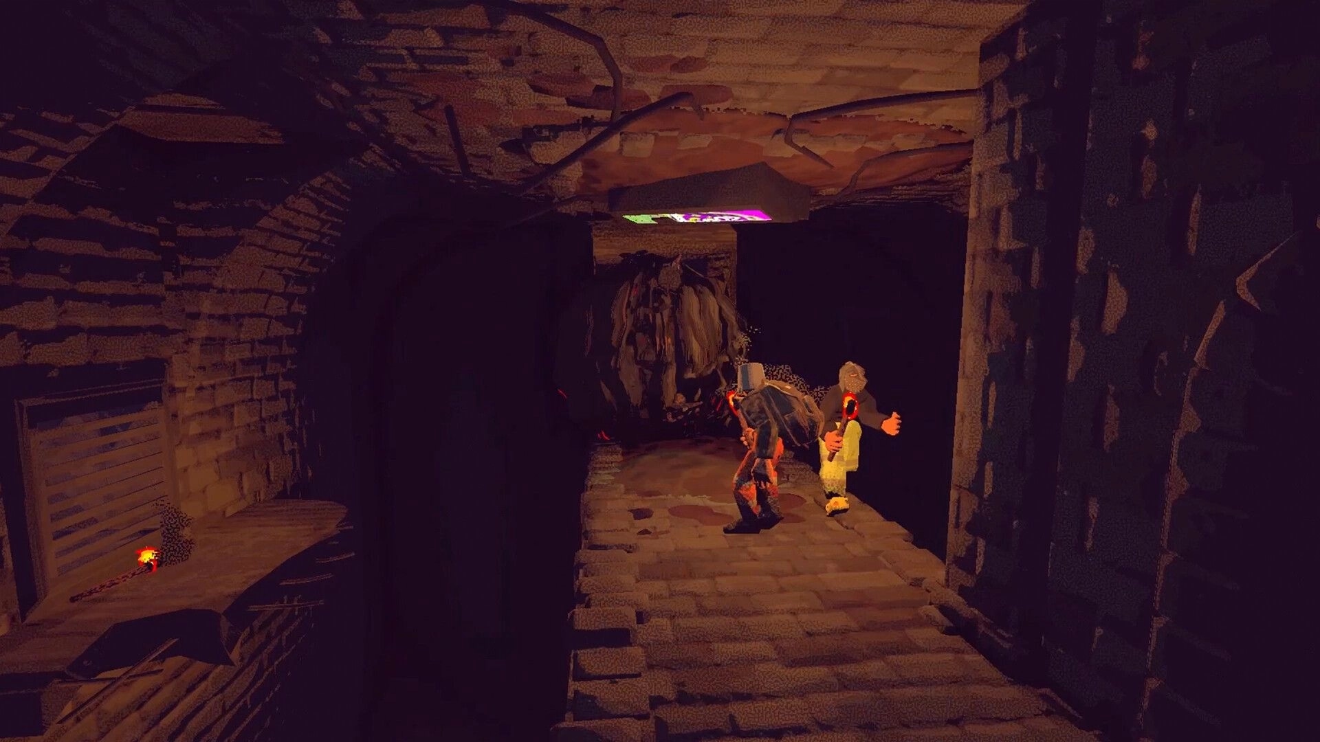 Vision Quench: Two co-op adventurers with torches face a hulking monster in a dark brick corridor.