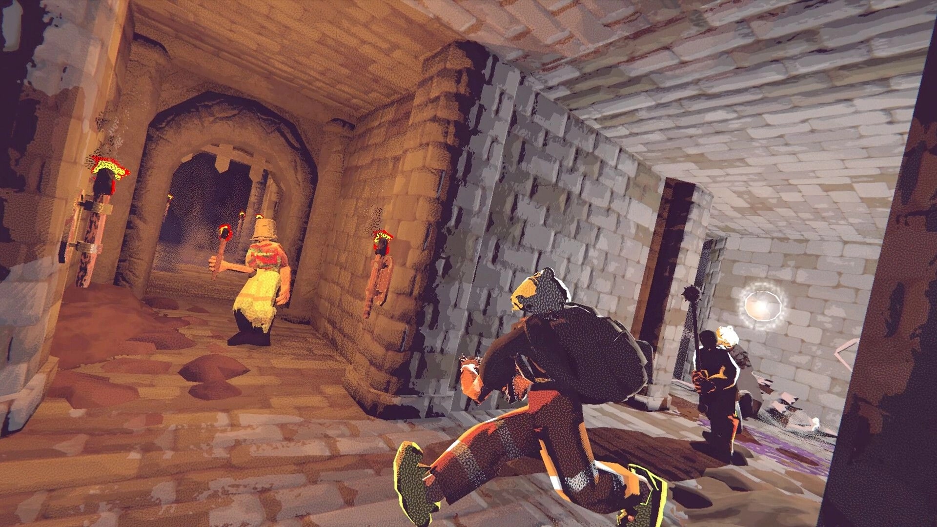 Vision Quench: Co-op players creep with torches through a torchlit stone corridor and archway dungeon hall.