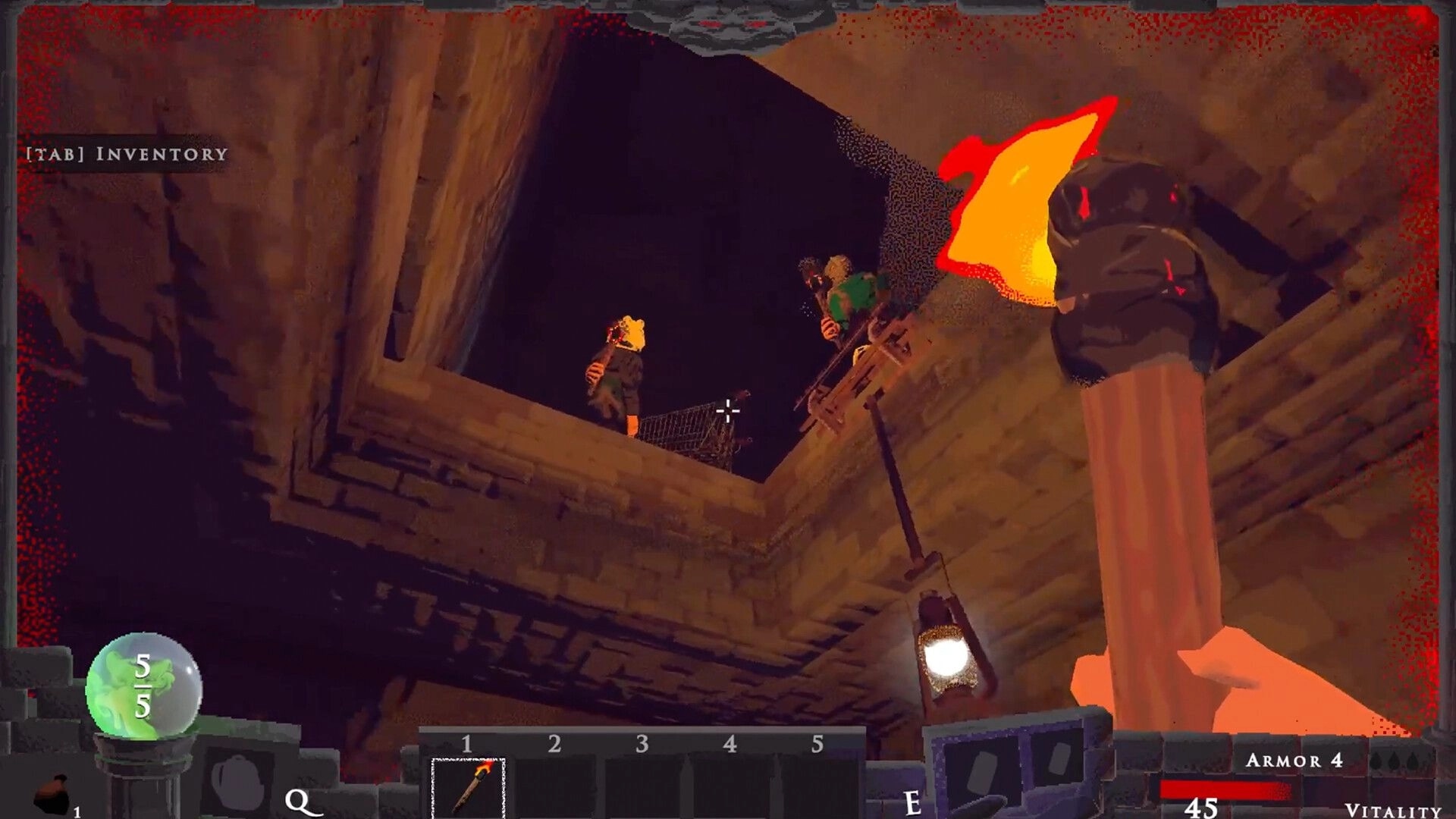 Vision Quench: First-person torch raised toward allies on ledge in deep stone shaft dungeon UI visible.