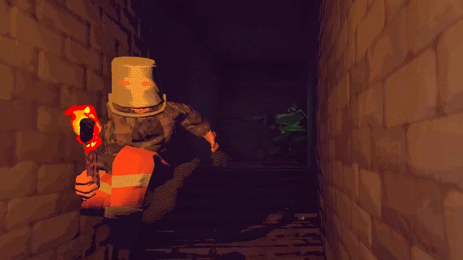 Vision Quench: Armored fighter holds a flaming torch while descending stone stairs into a dark tunnel.