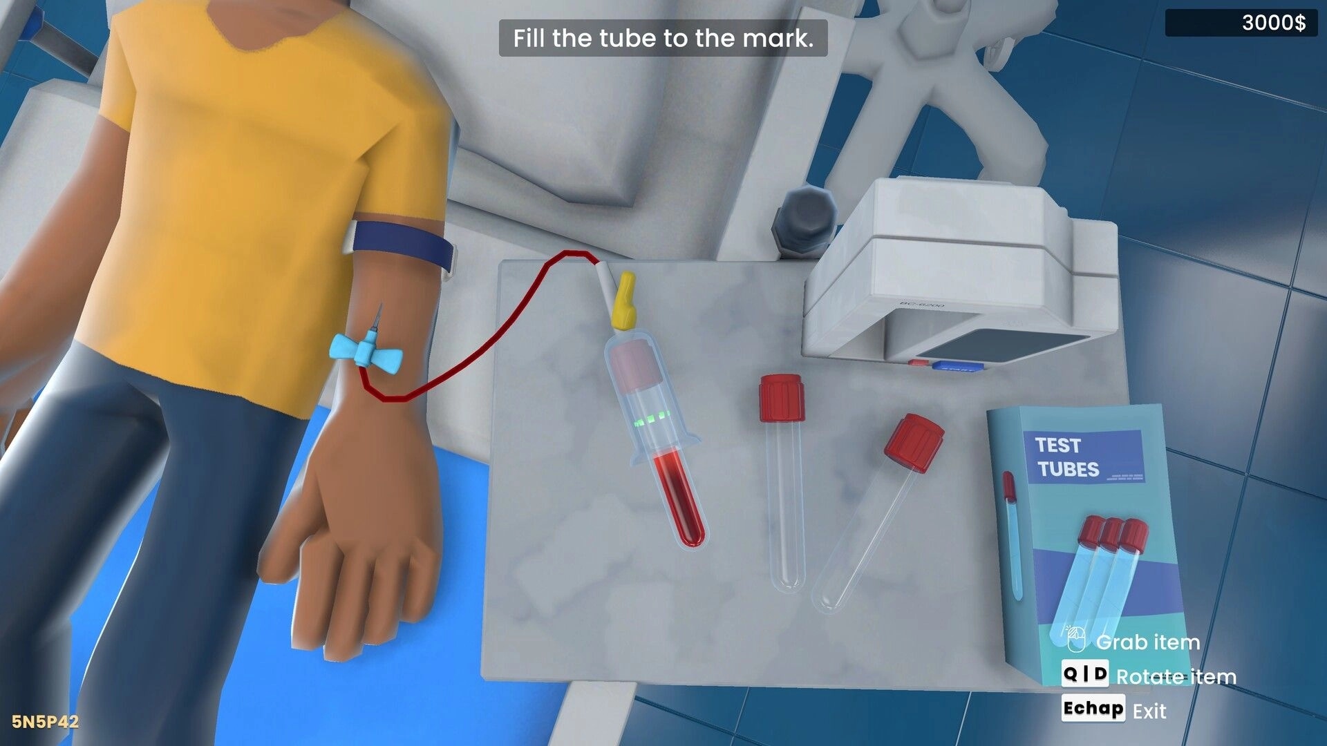 Vital Decisions: Drawing blood into a test tube beside patient arm in ER lab table with prompt UI.