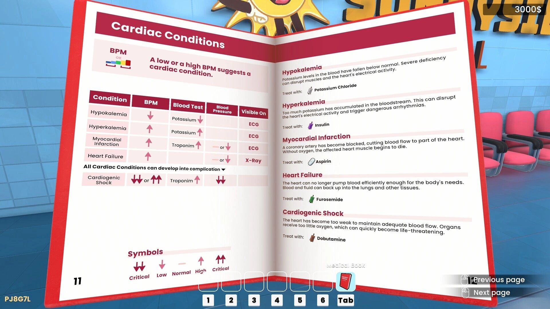 Vital Decisions: Medical book UI on cardiac conditions with BPM chart and treatments in ER waiting room.