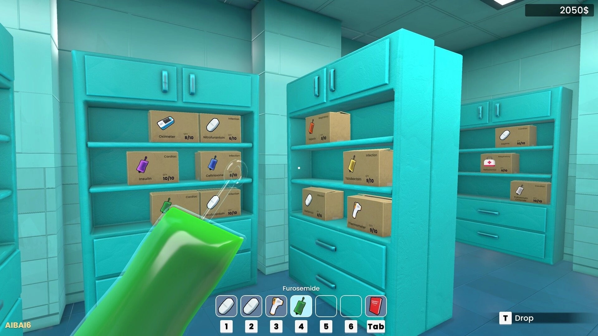 Vital Decisions: Selecting Furosemide from a stocked medicine cabinet in a turquoise hospital supply room.