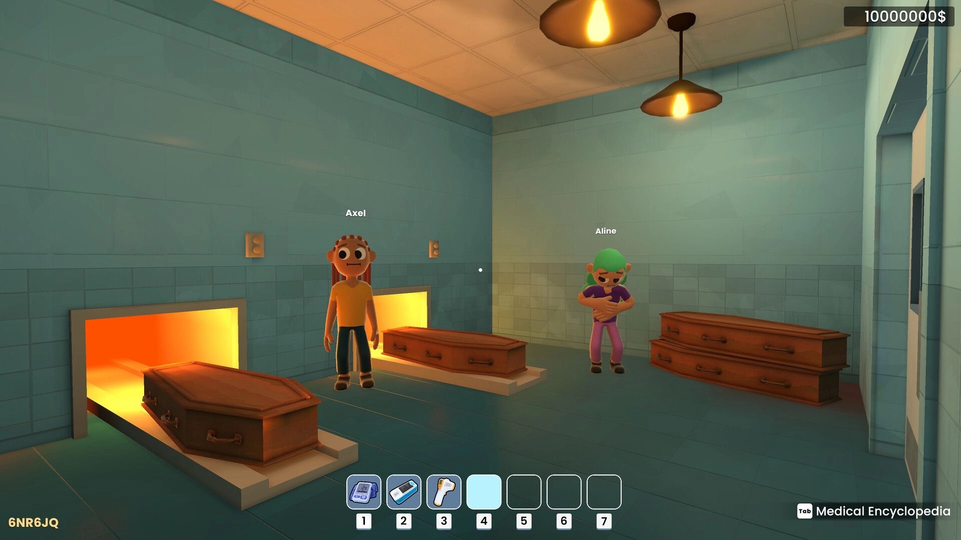 Vital Decisions: Axel and Aline stand by coffins in a morgue room with hotbar tools and cash UI.