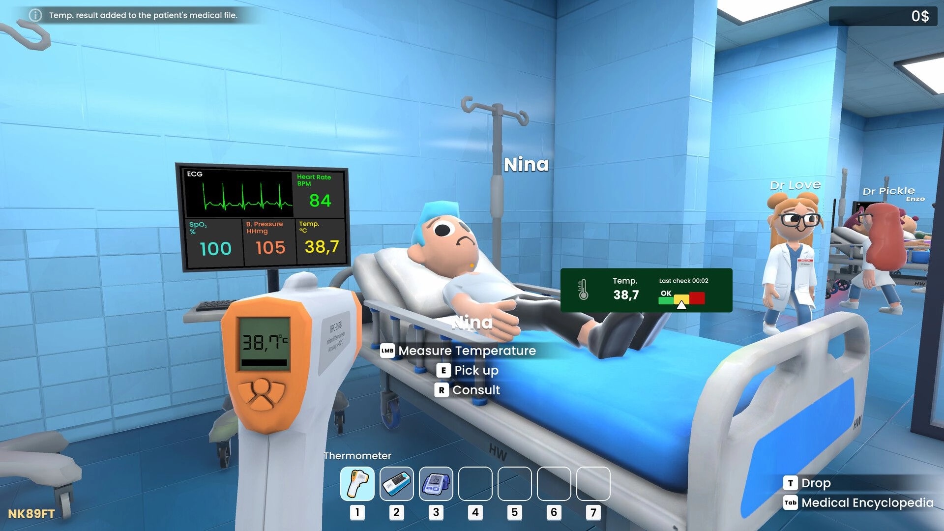 Vital Decisions: Measuring Nina’s temperature beside vitals monitor in a blue ER ward with doctors nearby.